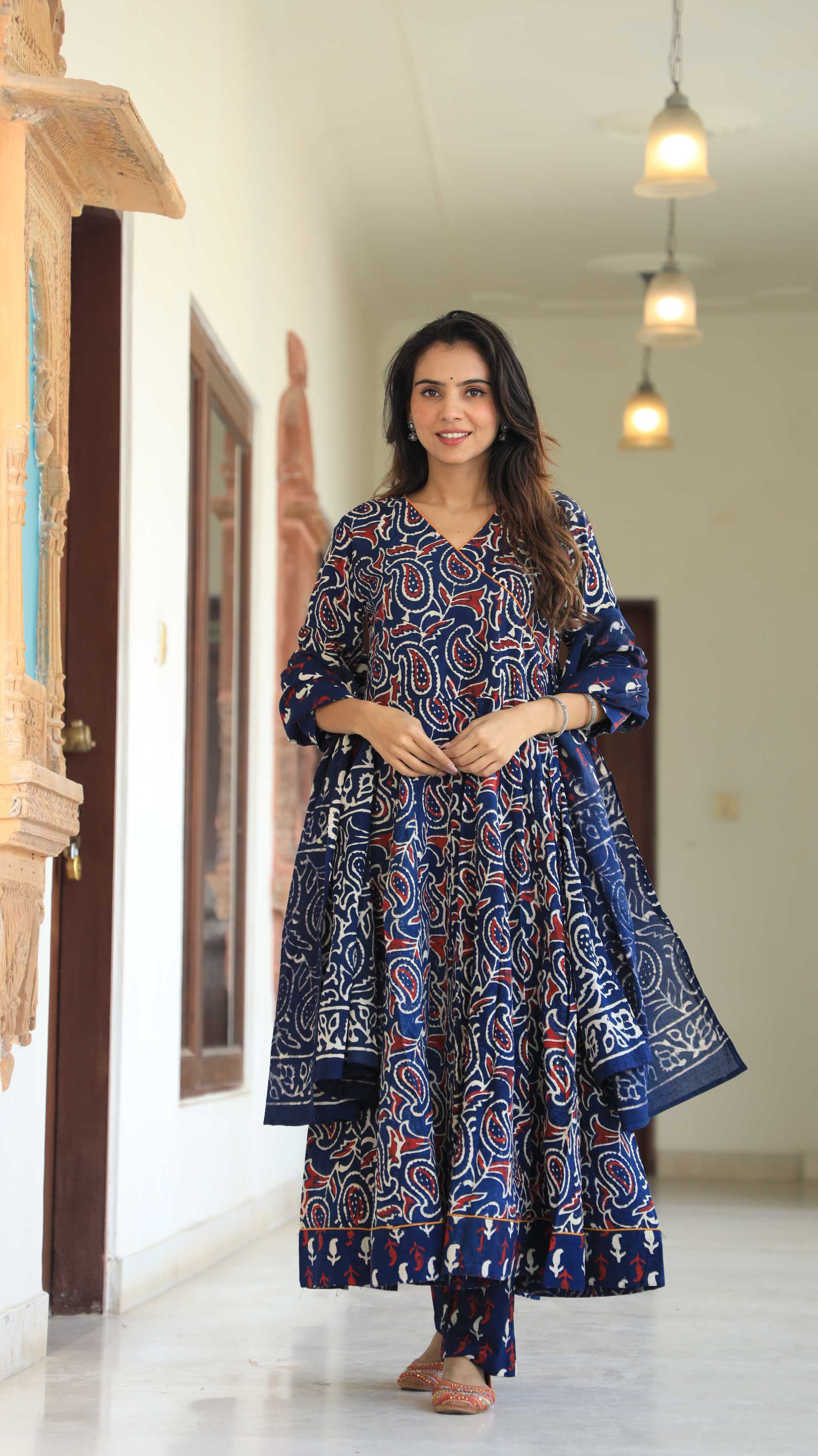 Indigo Blue Ajrakh Print Pure Cotton V-Neck Anarkali Suit
