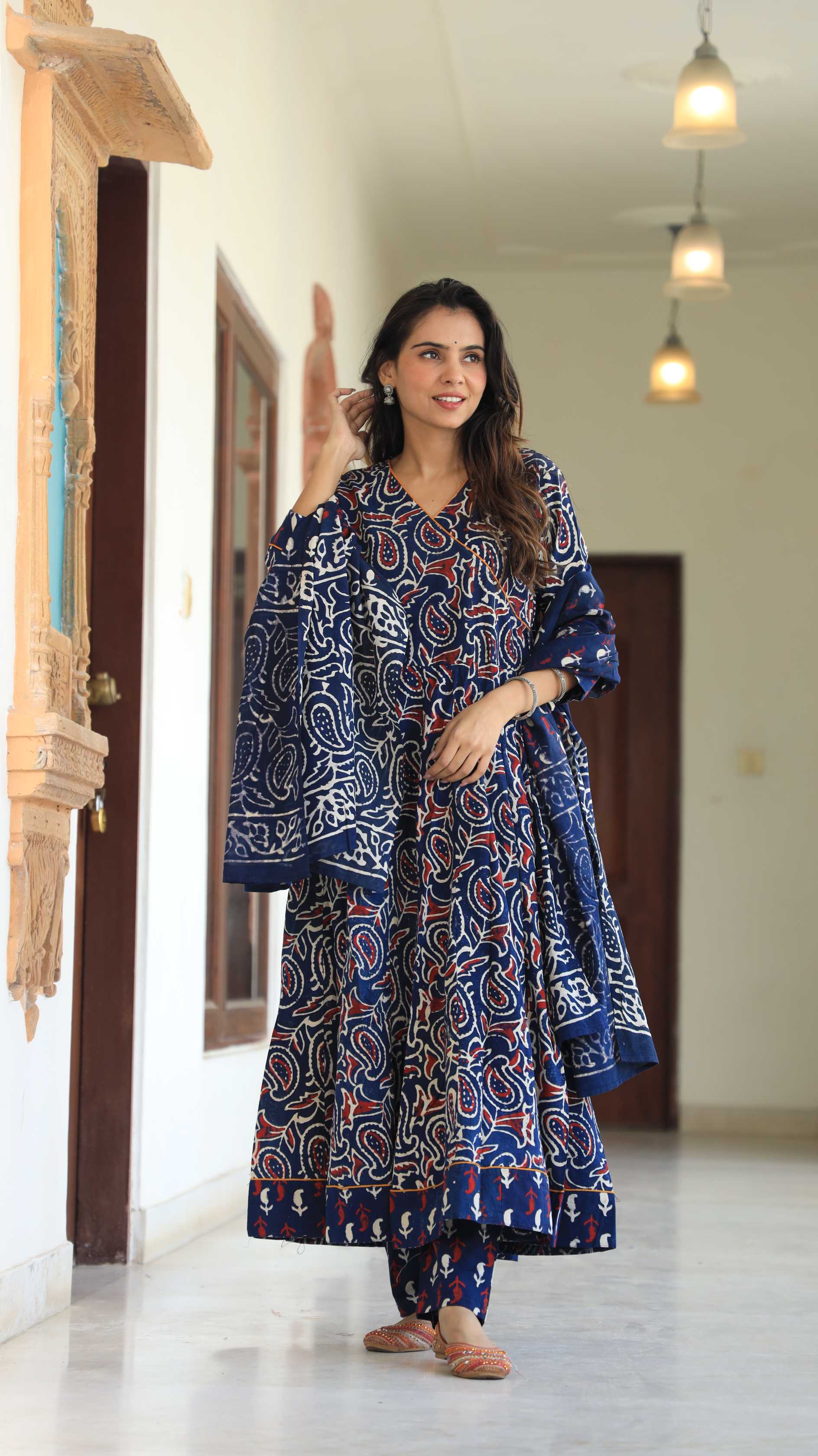 Indigo Blue Ajrakh Print Pure Cotton V-Neck Anarkali Suit