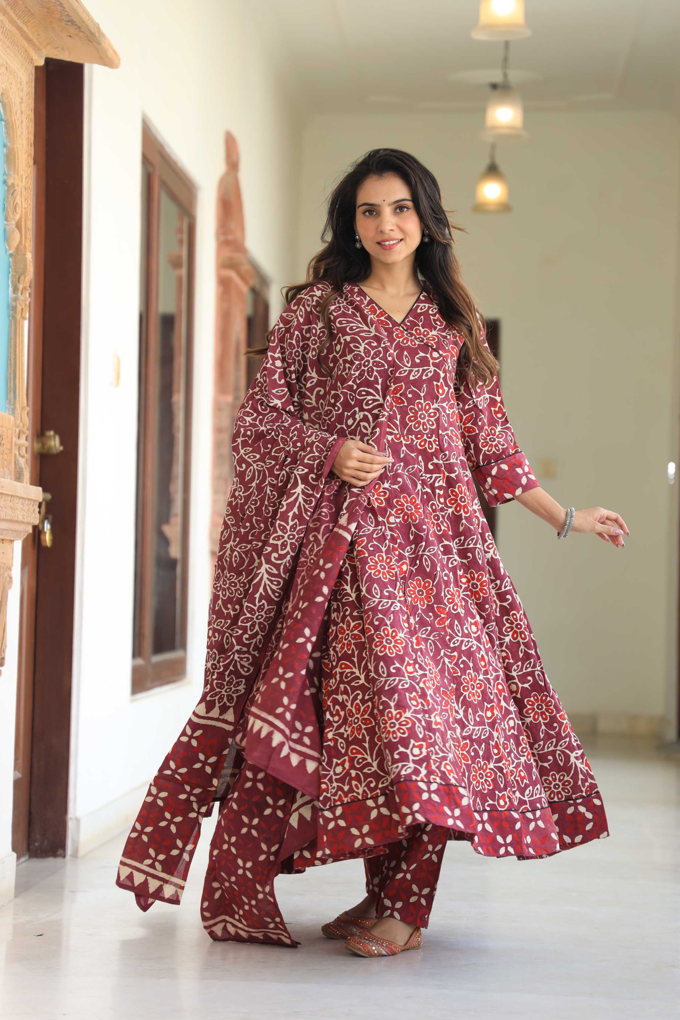 Maroon Floral Hand-Block Pure Cotton V-Neck Anarkali Suit