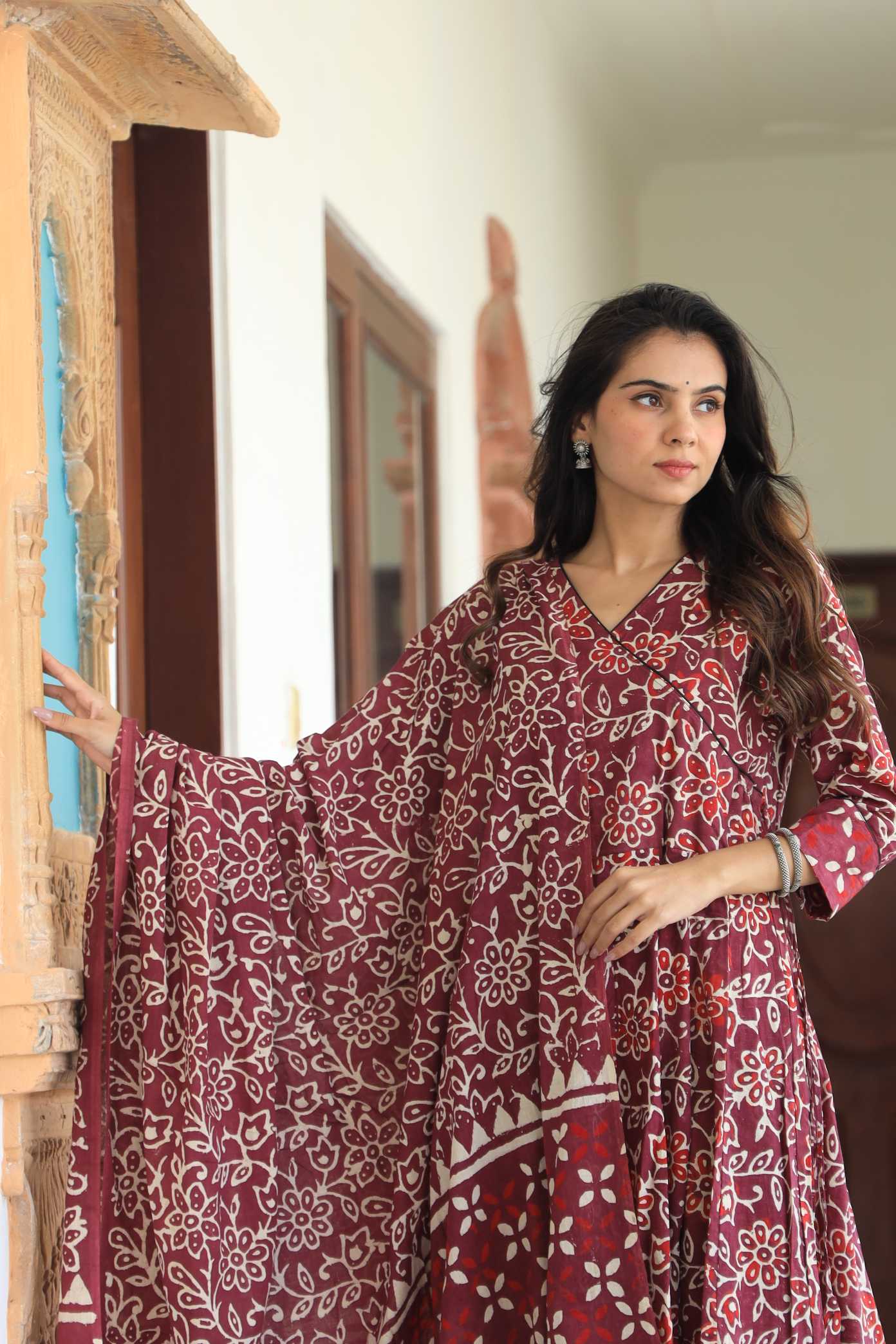 Maroon Floral Hand-Block Pure Cotton V-Neck Anarkali Suit