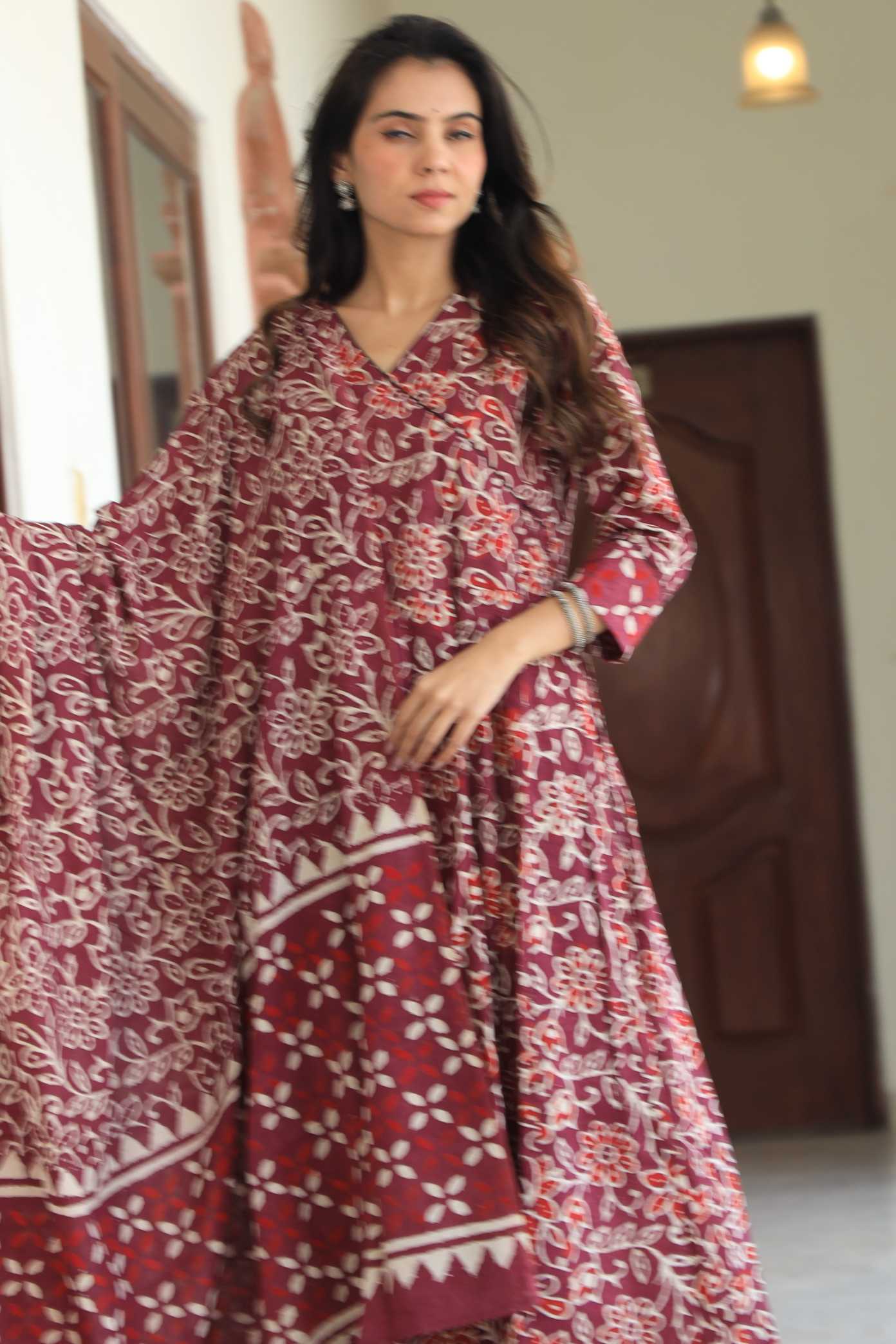 Maroon Floral Hand-Block Pure Cotton V-Neck Anarkali Suit