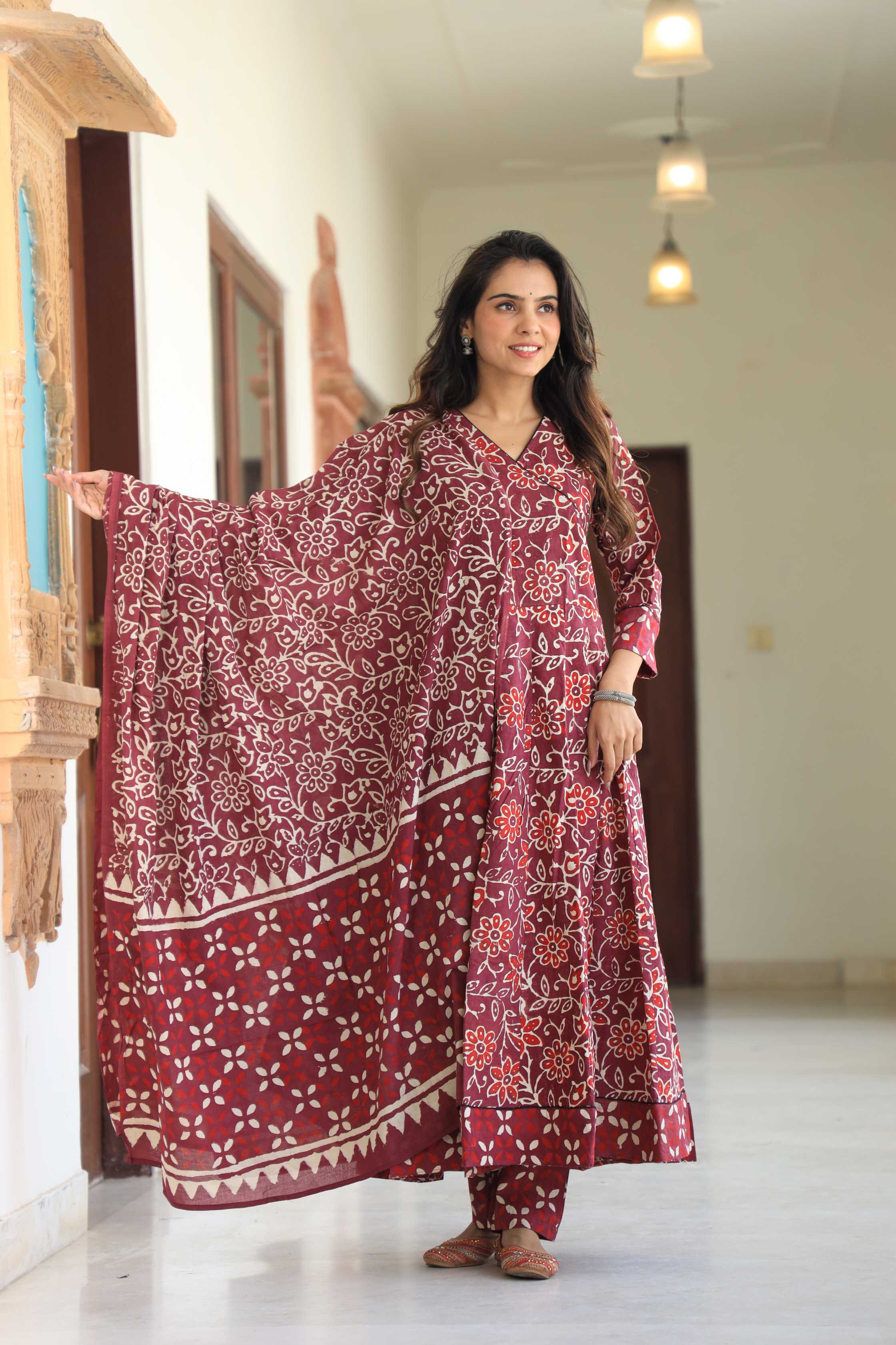 Maroon Floral Hand-Block Pure Cotton V-Neck Anarkali Suit