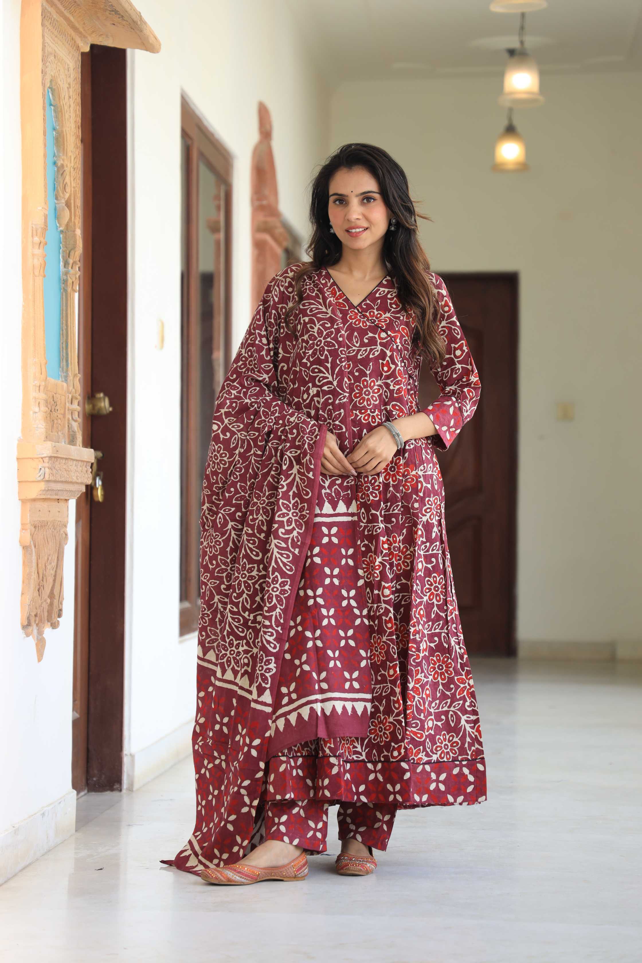 Maroon Floral Hand-Block Pure Cotton V-Neck Anarkali Suit