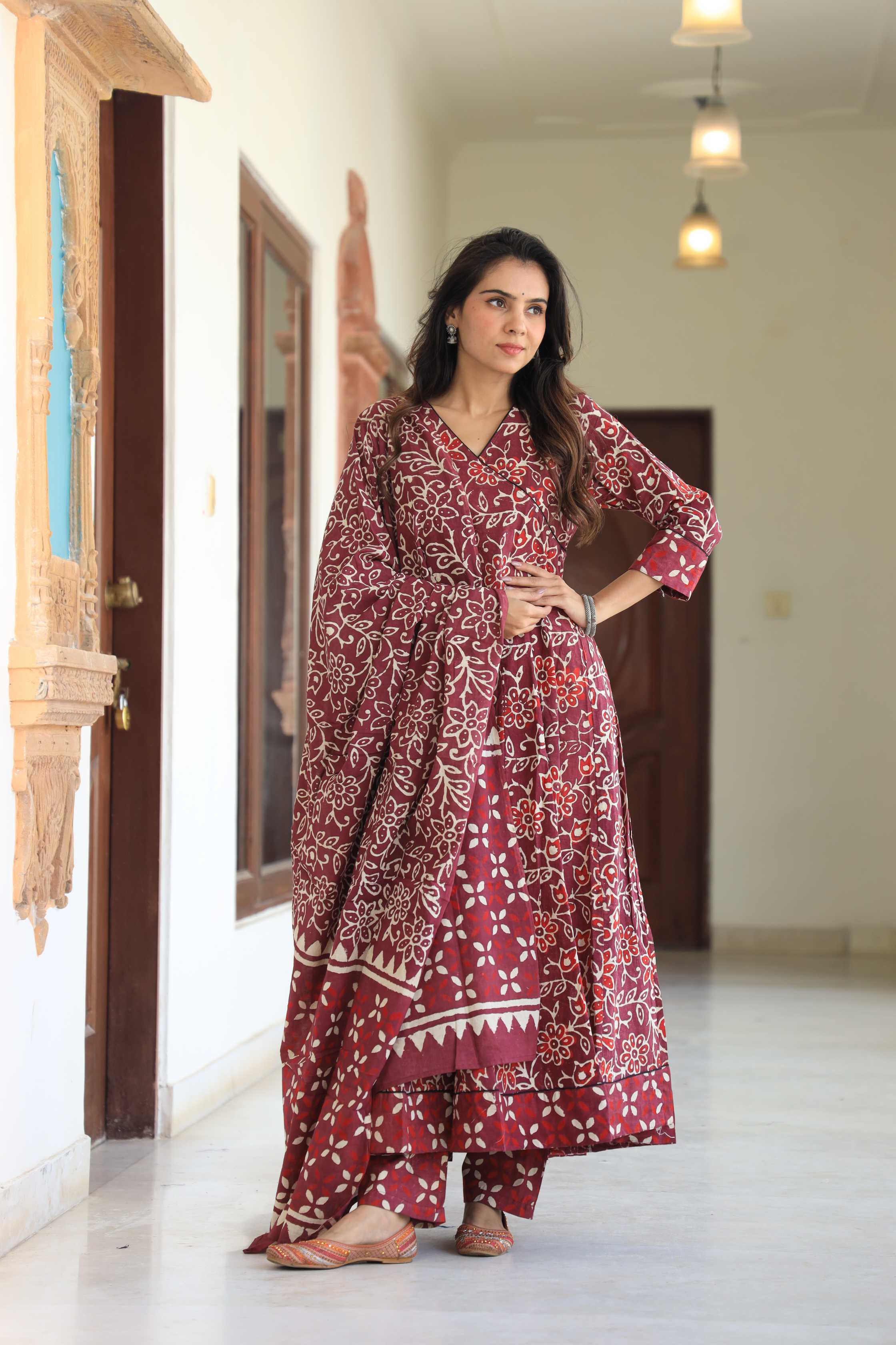 Maroon Floral Hand-Block Pure Cotton V-Neck Anarkali Suit
