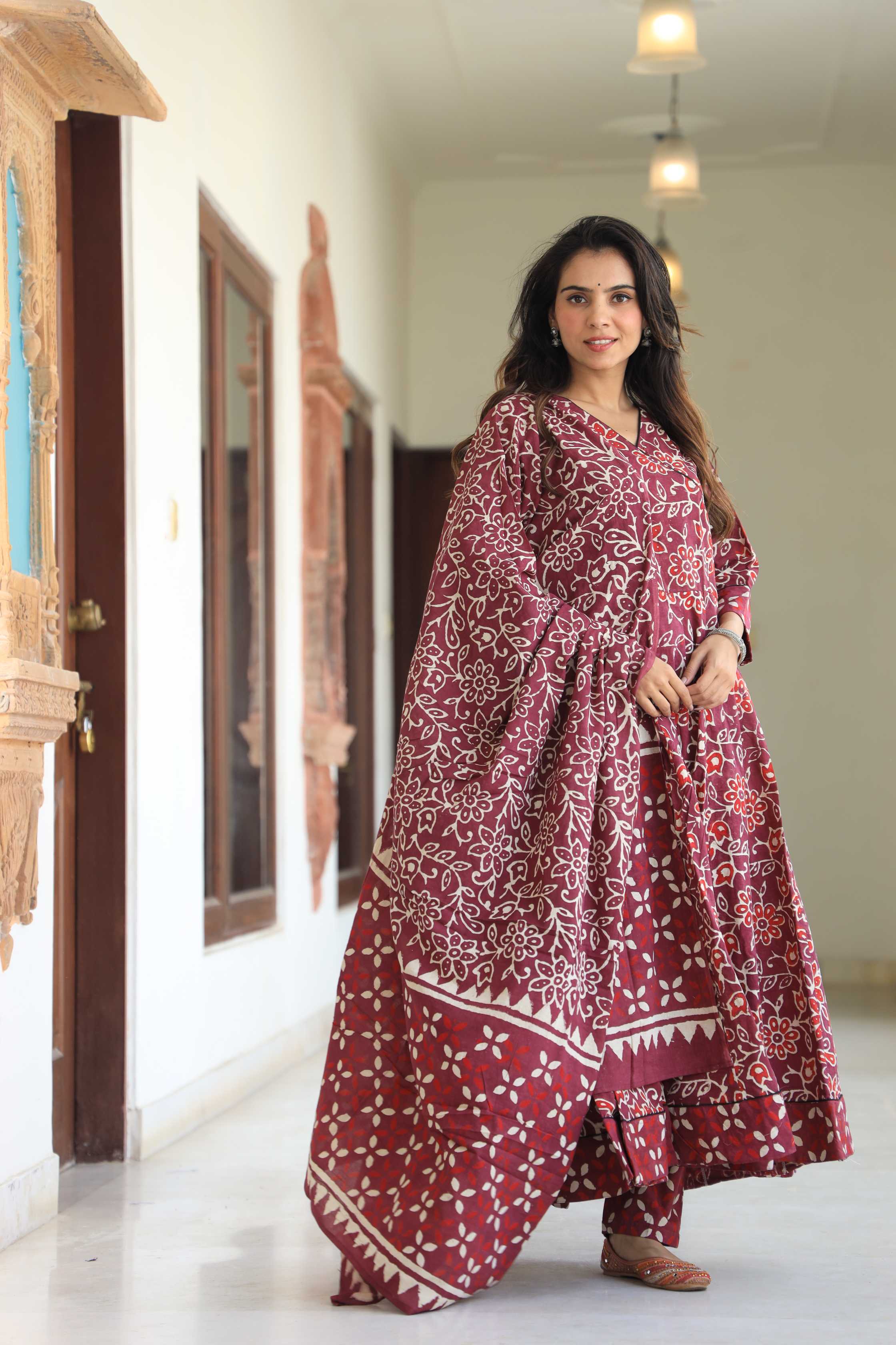 Maroon Floral Hand-Block Pure Cotton V-Neck Anarkali Suit