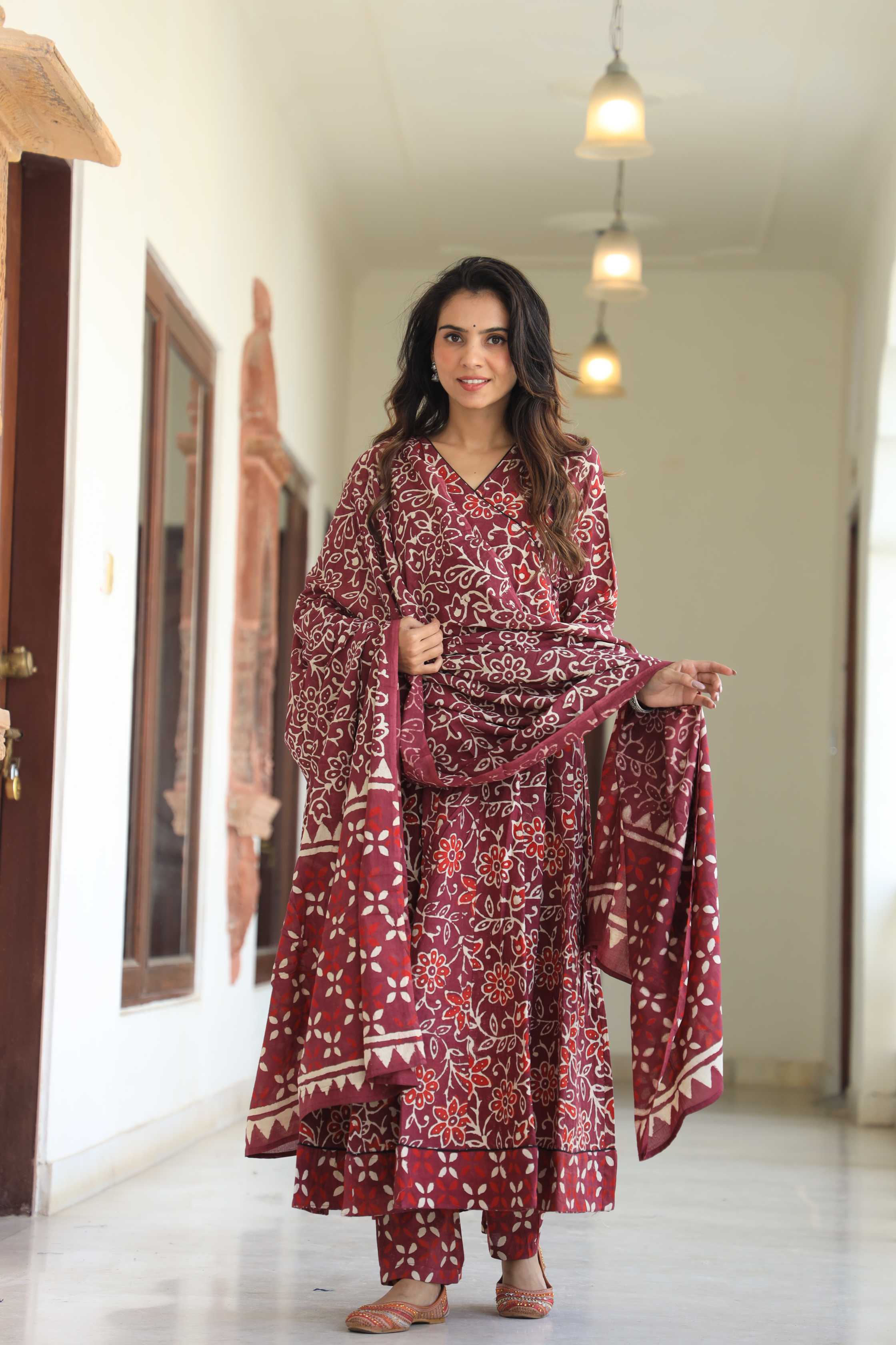 Maroon Floral Hand-Block Pure Cotton V-Neck Anarkali Suit