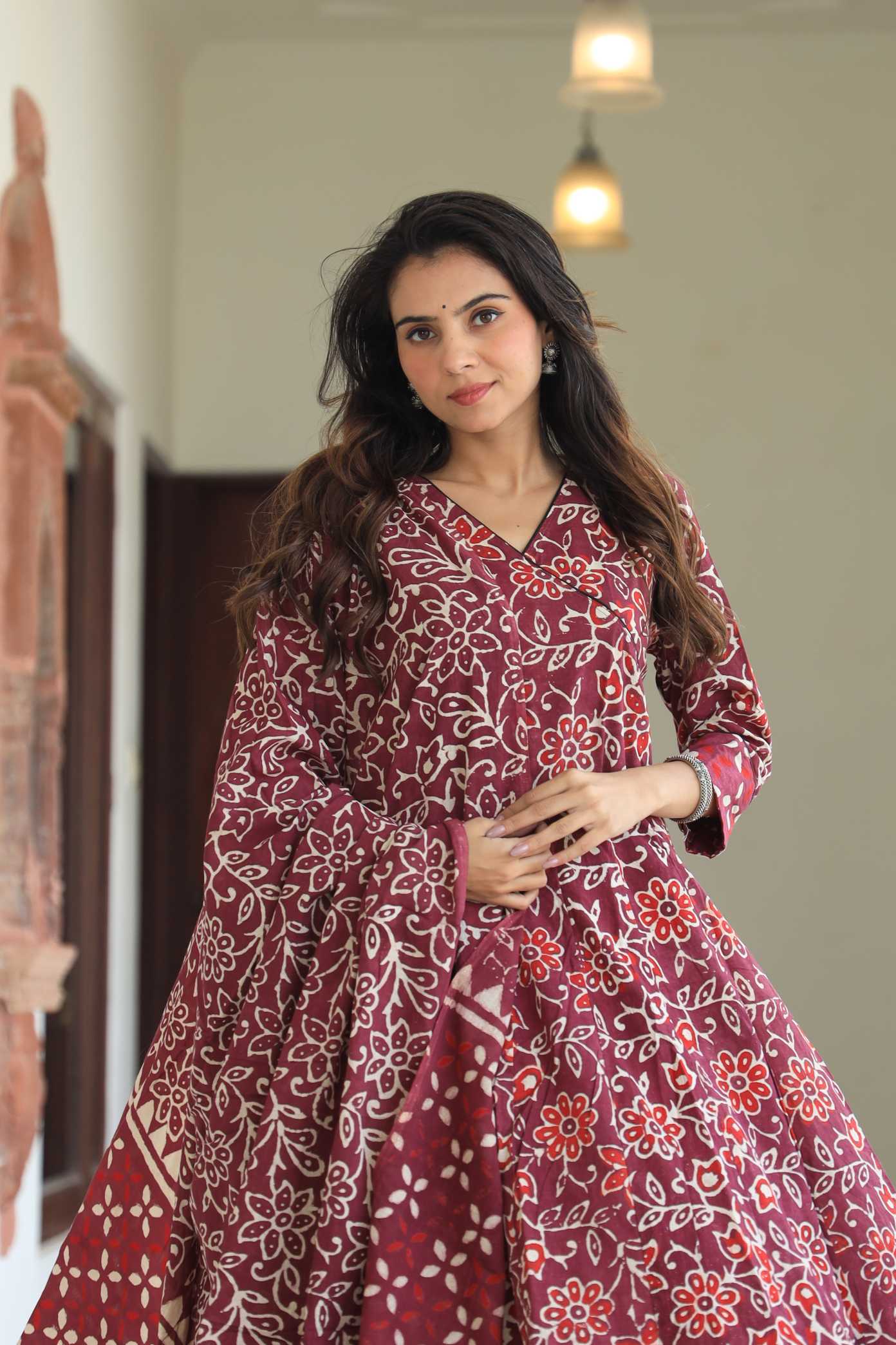 Maroon Floral Hand-Block Pure Cotton V-Neck Anarkali Suit