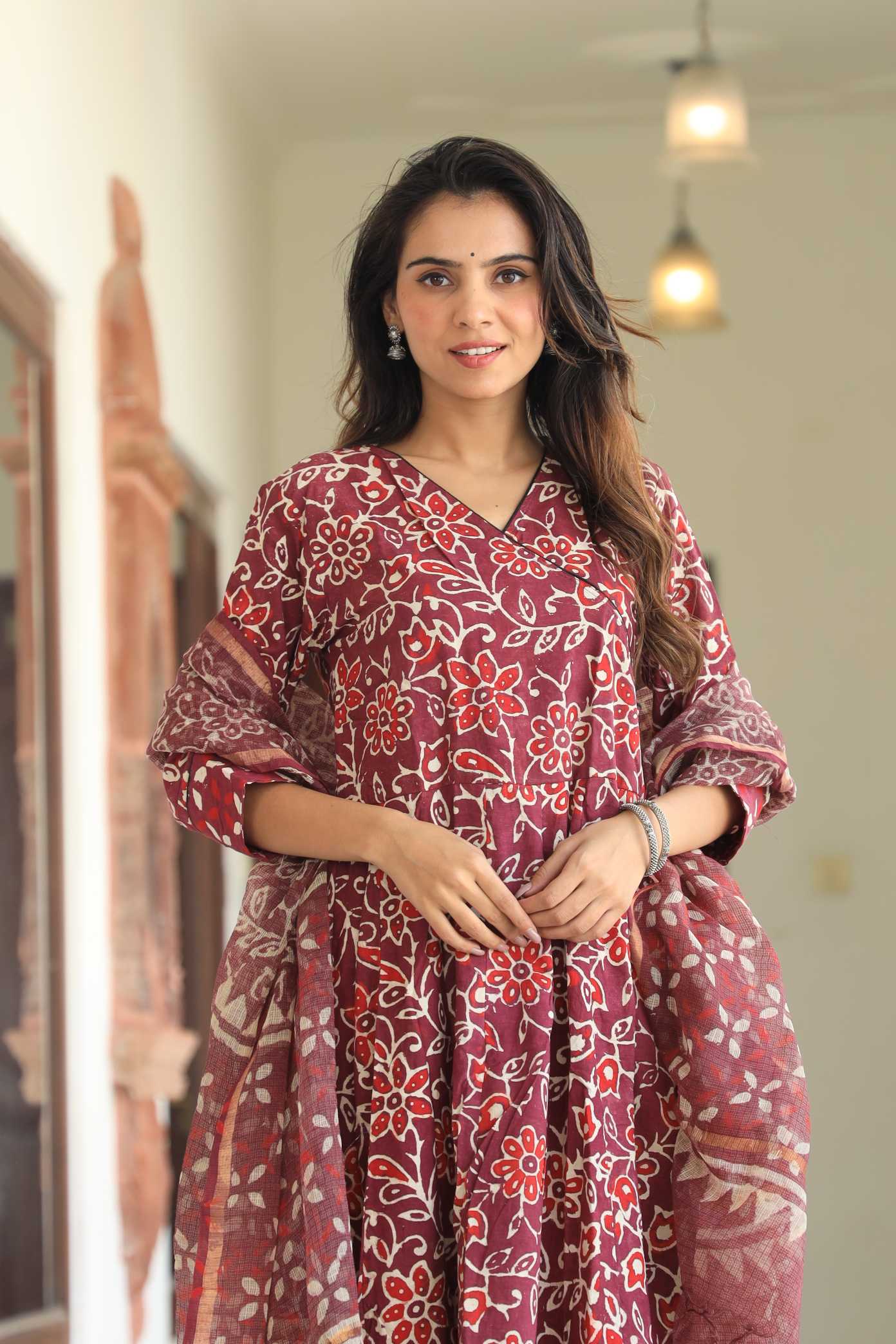 Maroon Floral Hand-Block Pure Cotton V-Neck Anarkali Suit