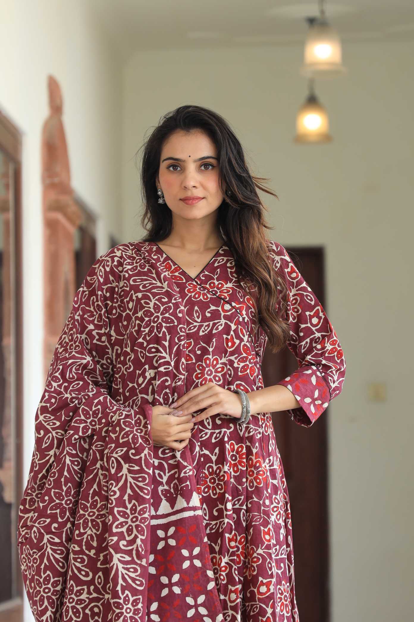 Maroon Floral Hand-Block Pure Cotton V-Neck Anarkali Suit
