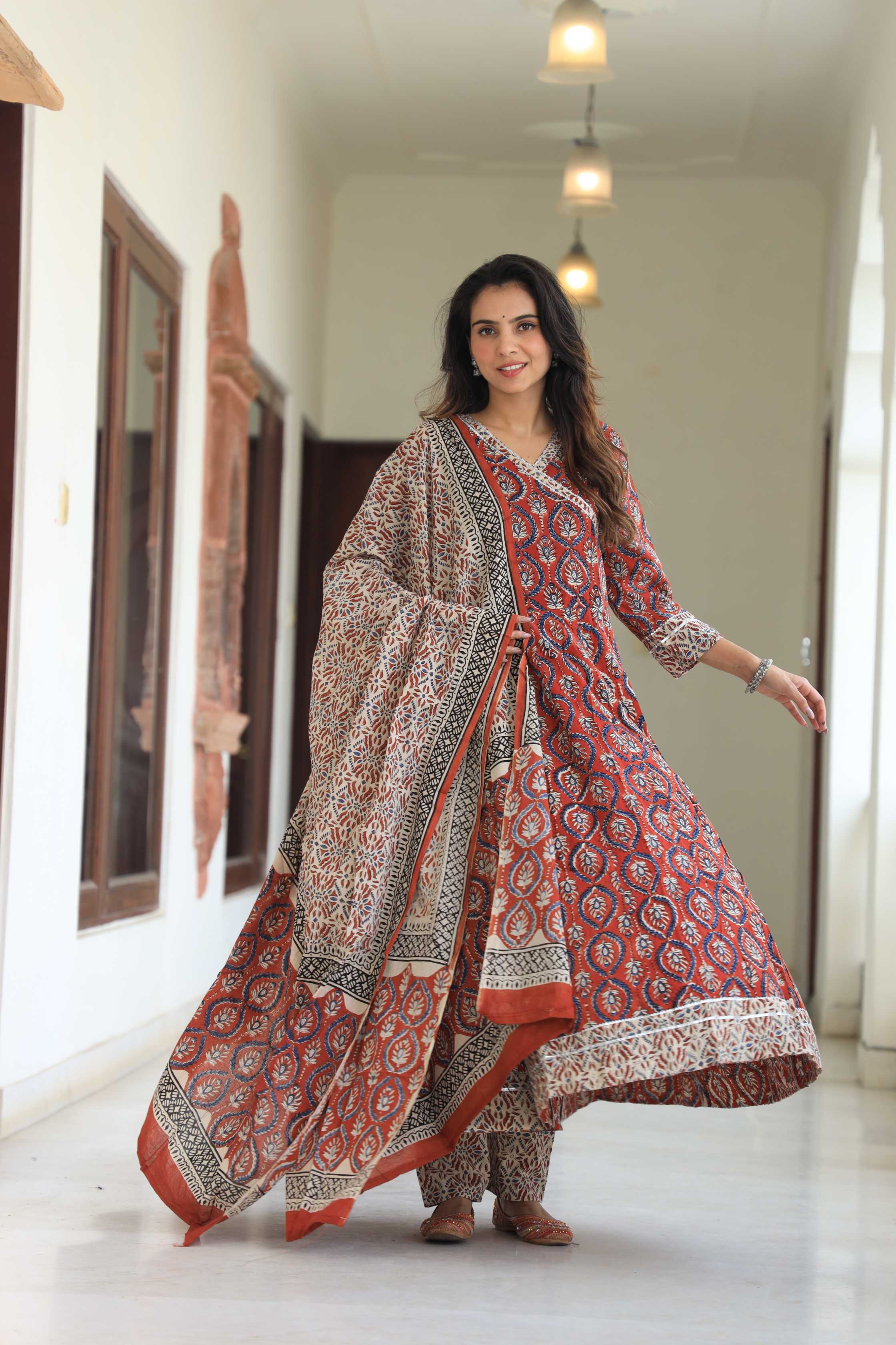 Rust Red Sanganeri Buta Print Pure Cotton V-Neck Anarkali Suit