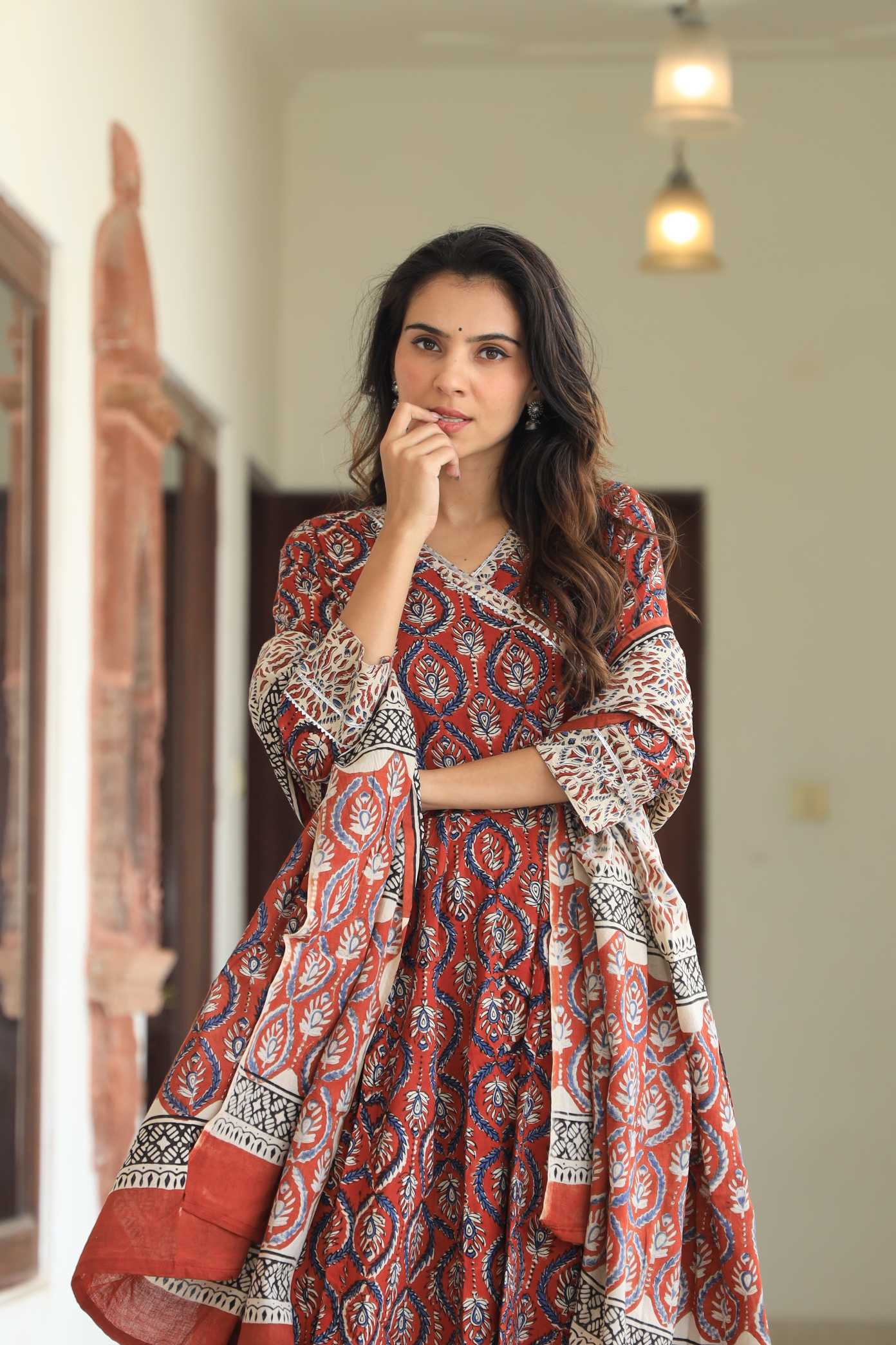 Rust Red Sanganeri Buta Print Pure Cotton V-Neck Anarkali Suit