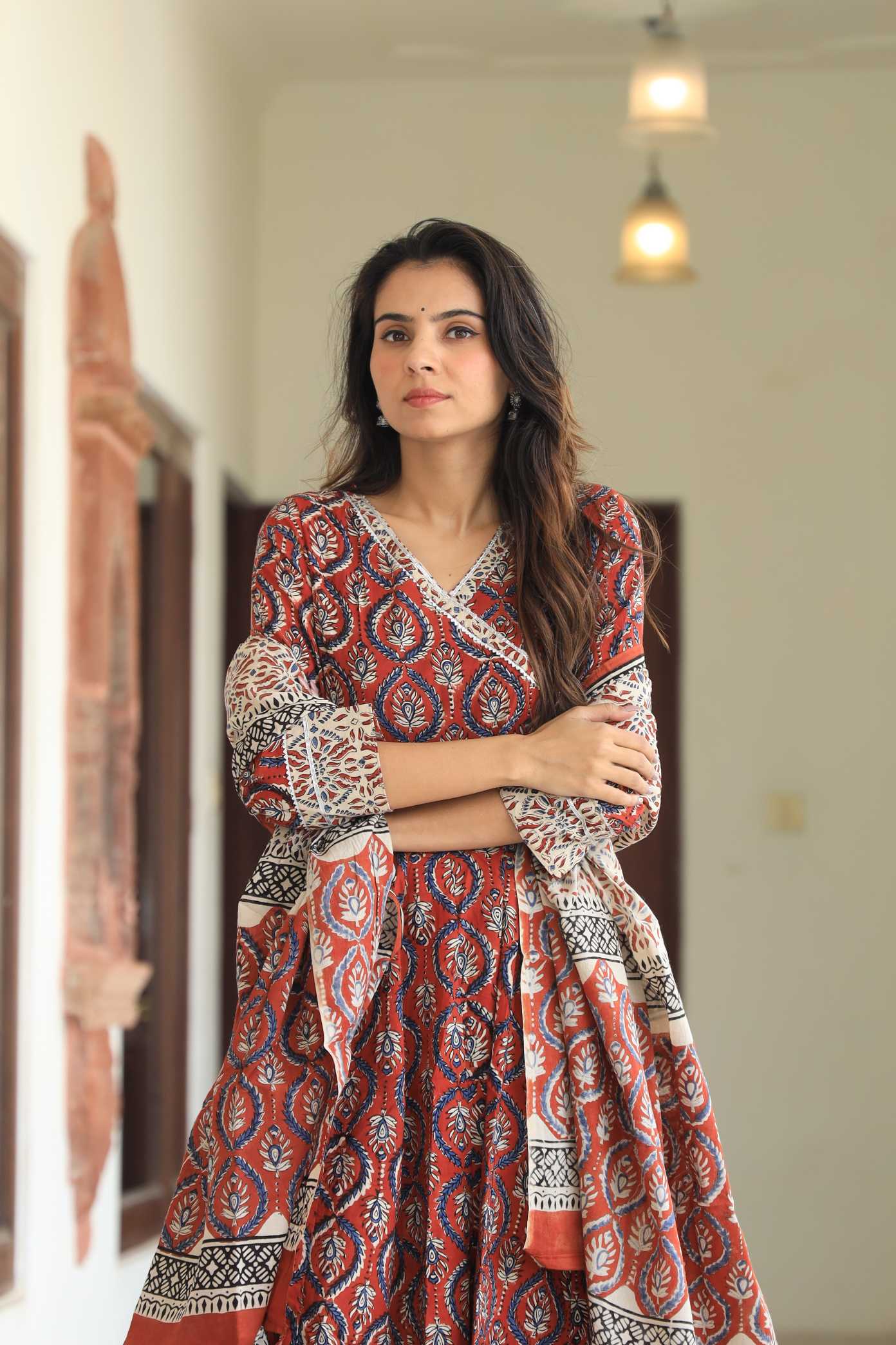 Rust Red Sanganeri Buta Print Pure Cotton V-Neck Anarkali Suit
