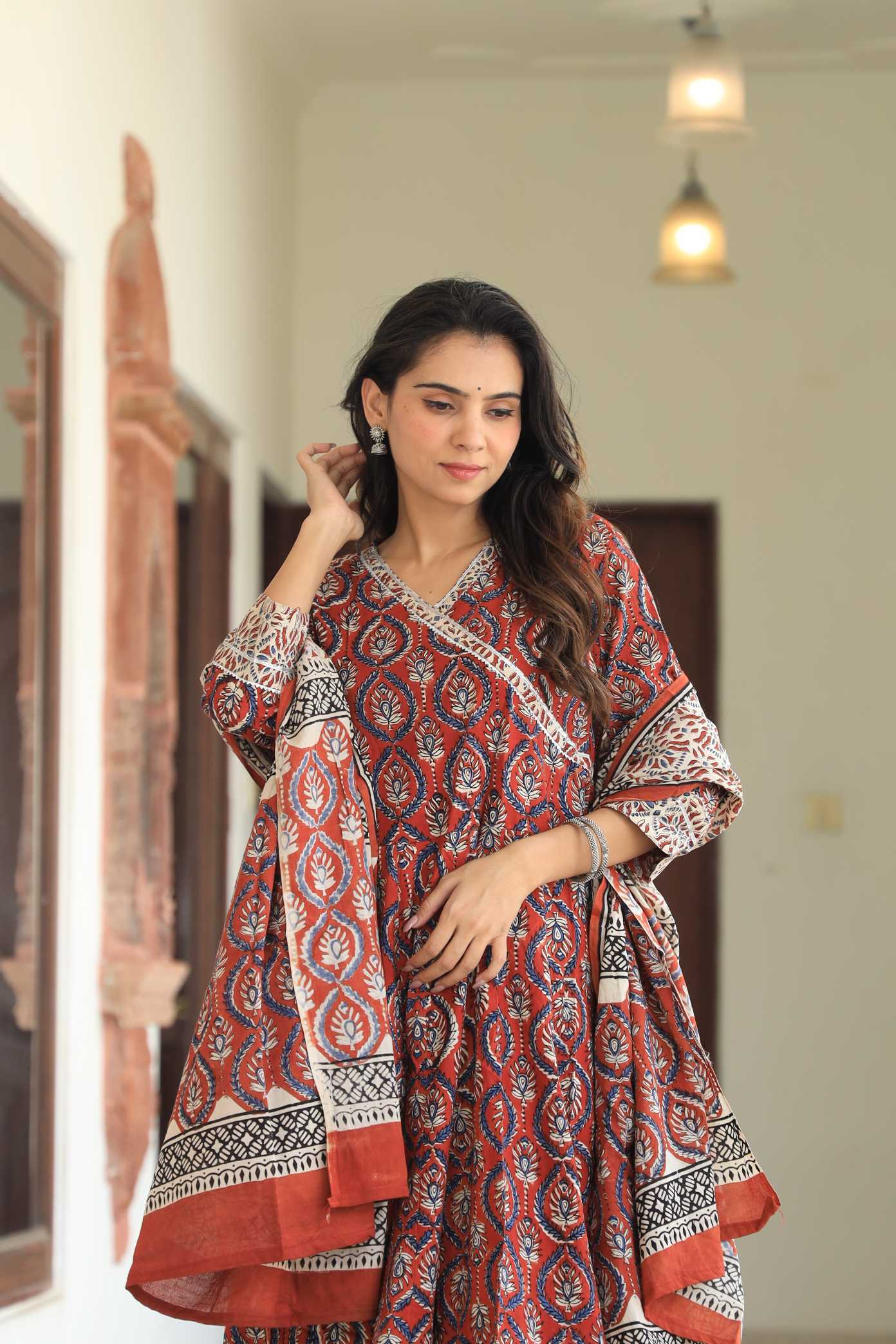Rust Red Sanganeri Buta Print Pure Cotton V-Neck Anarkali Suit