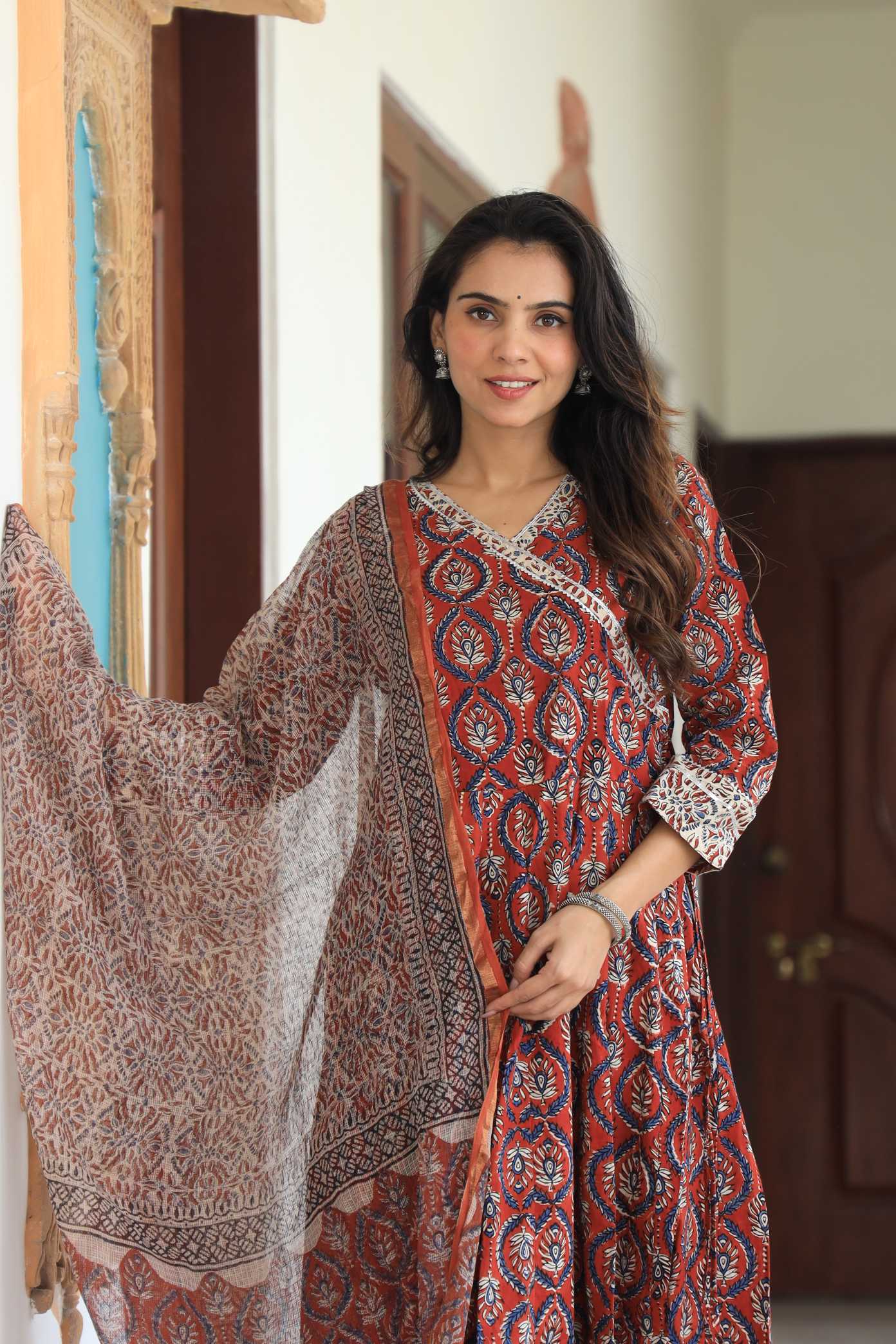 Rust Red Sanganeri Buta Print Pure Cotton V-Neck Anarkali Suit