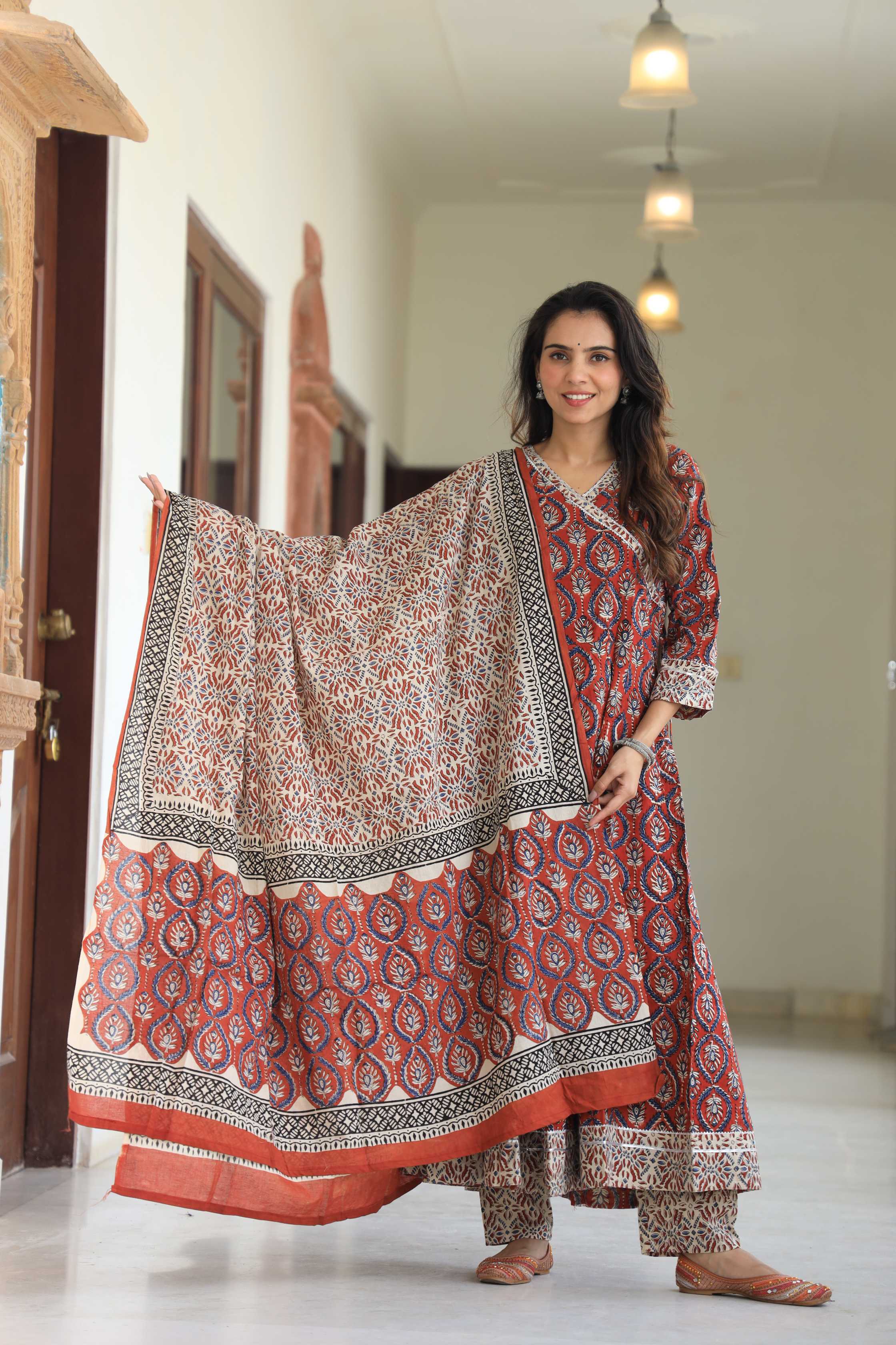 Rust Red Sanganeri Buta Print Pure Cotton V-Neck Anarkali Suit