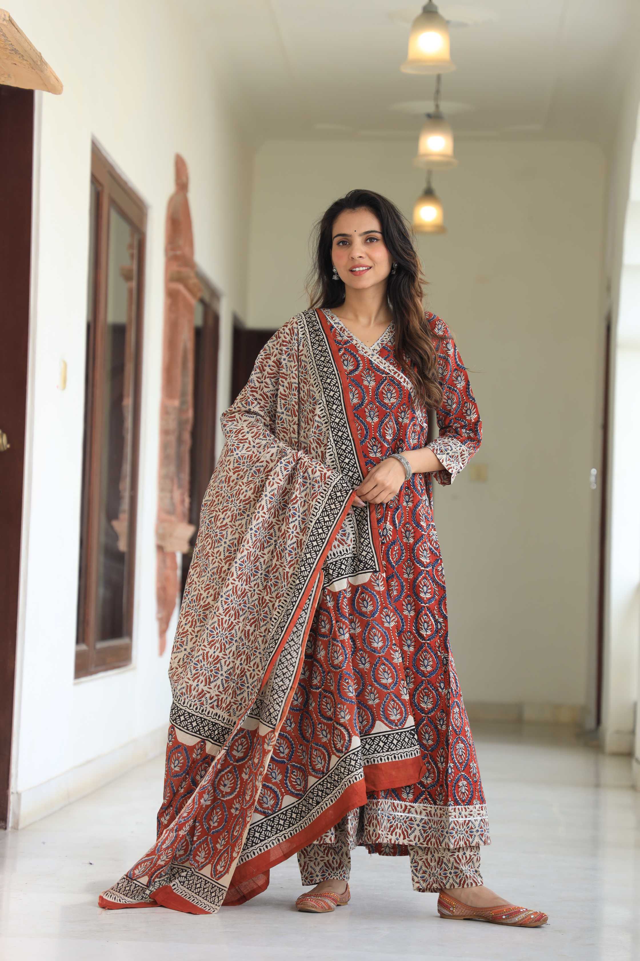 Rust Red Sanganeri Buta Print Pure Cotton V-Neck Anarkali Suit