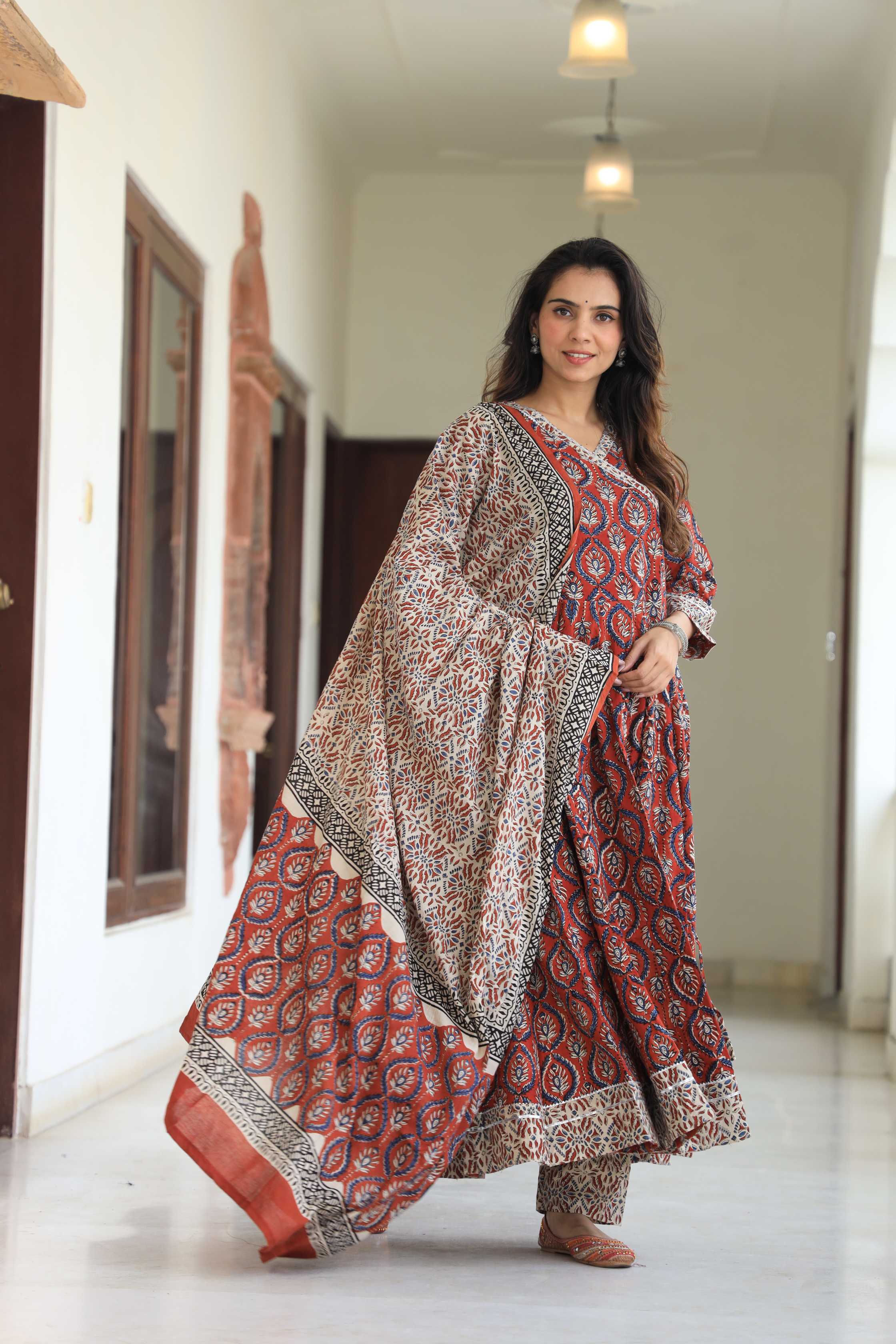 Rust Red Sanganeri Buta Print Pure Cotton V-Neck Anarkali Suit