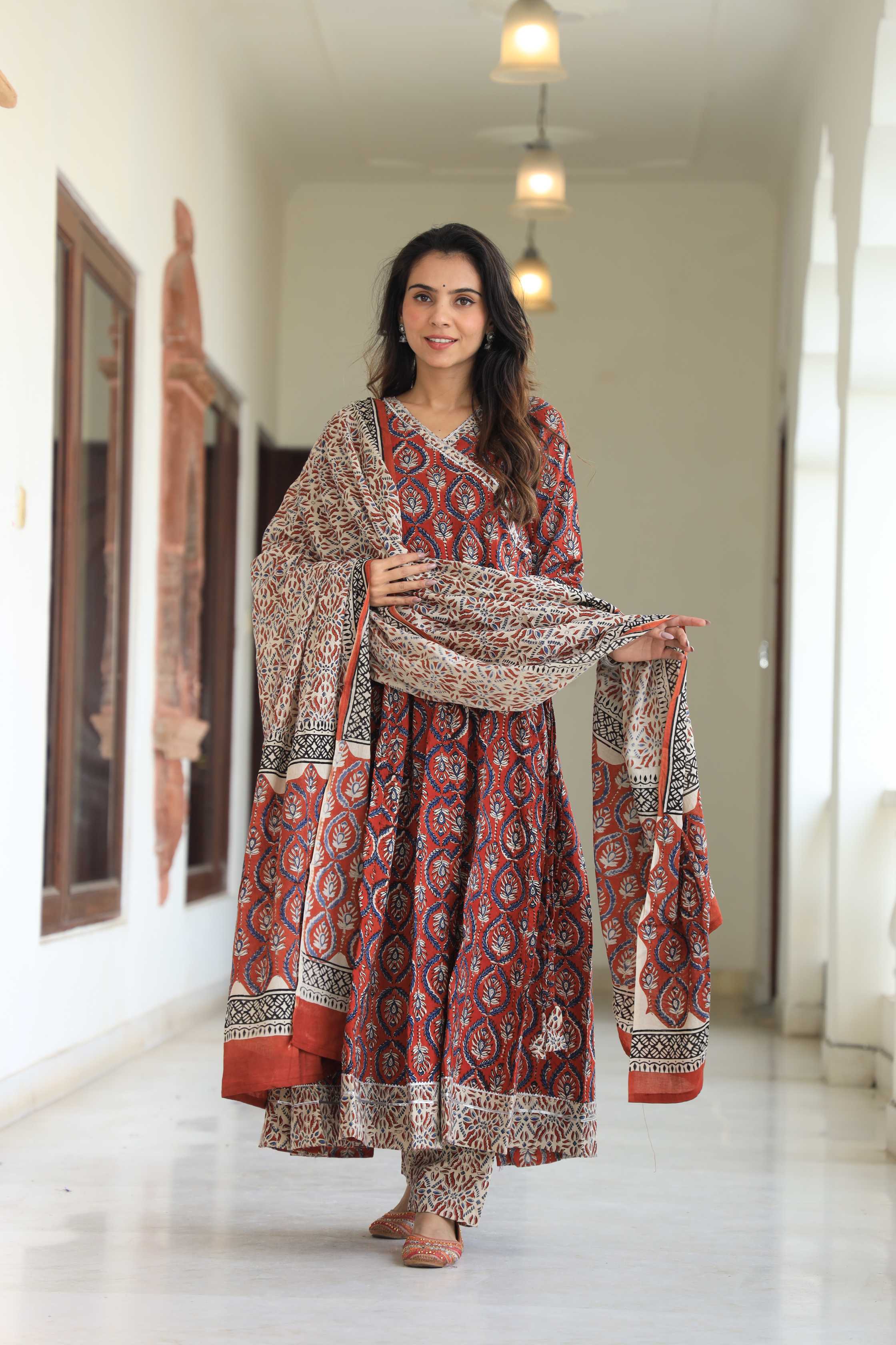 Rust Red Sanganeri Buta Print Pure Cotton V-Neck Anarkali Suit