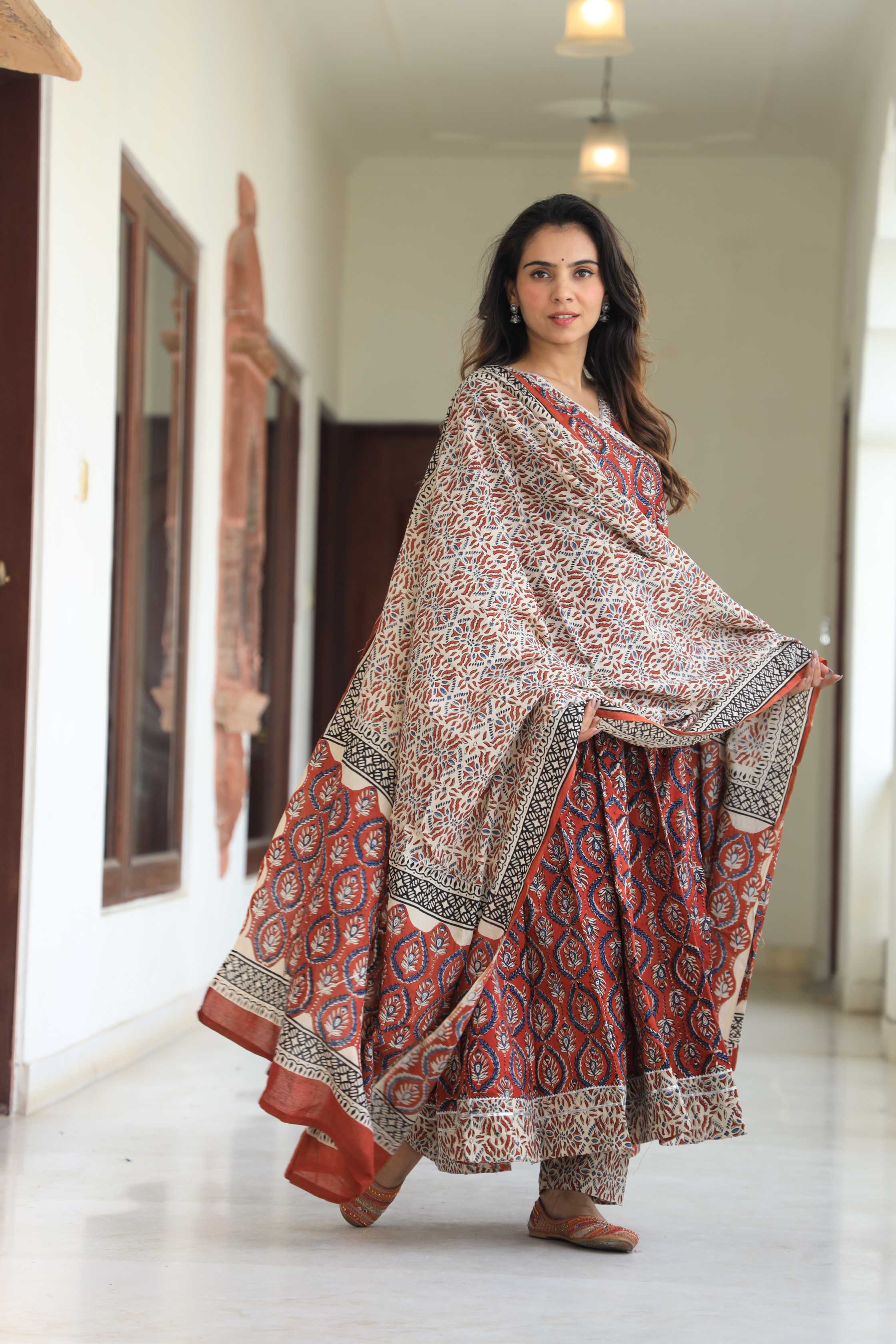 Rust Red Sanganeri Buta Print Pure Cotton V-Neck Anarkali Suit