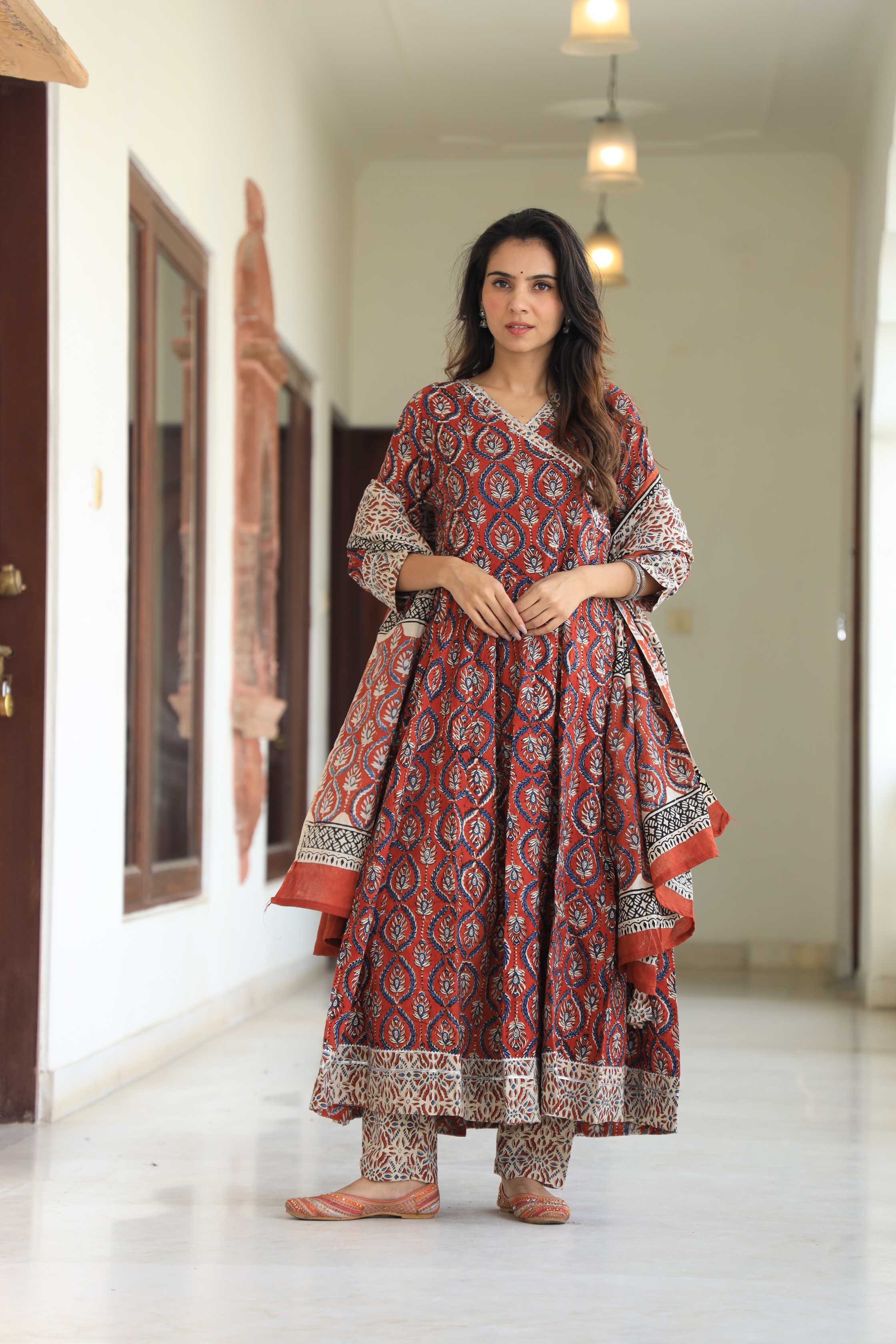 Rust Red Sanganeri Buta Print Pure Cotton V-Neck Anarkali Suit