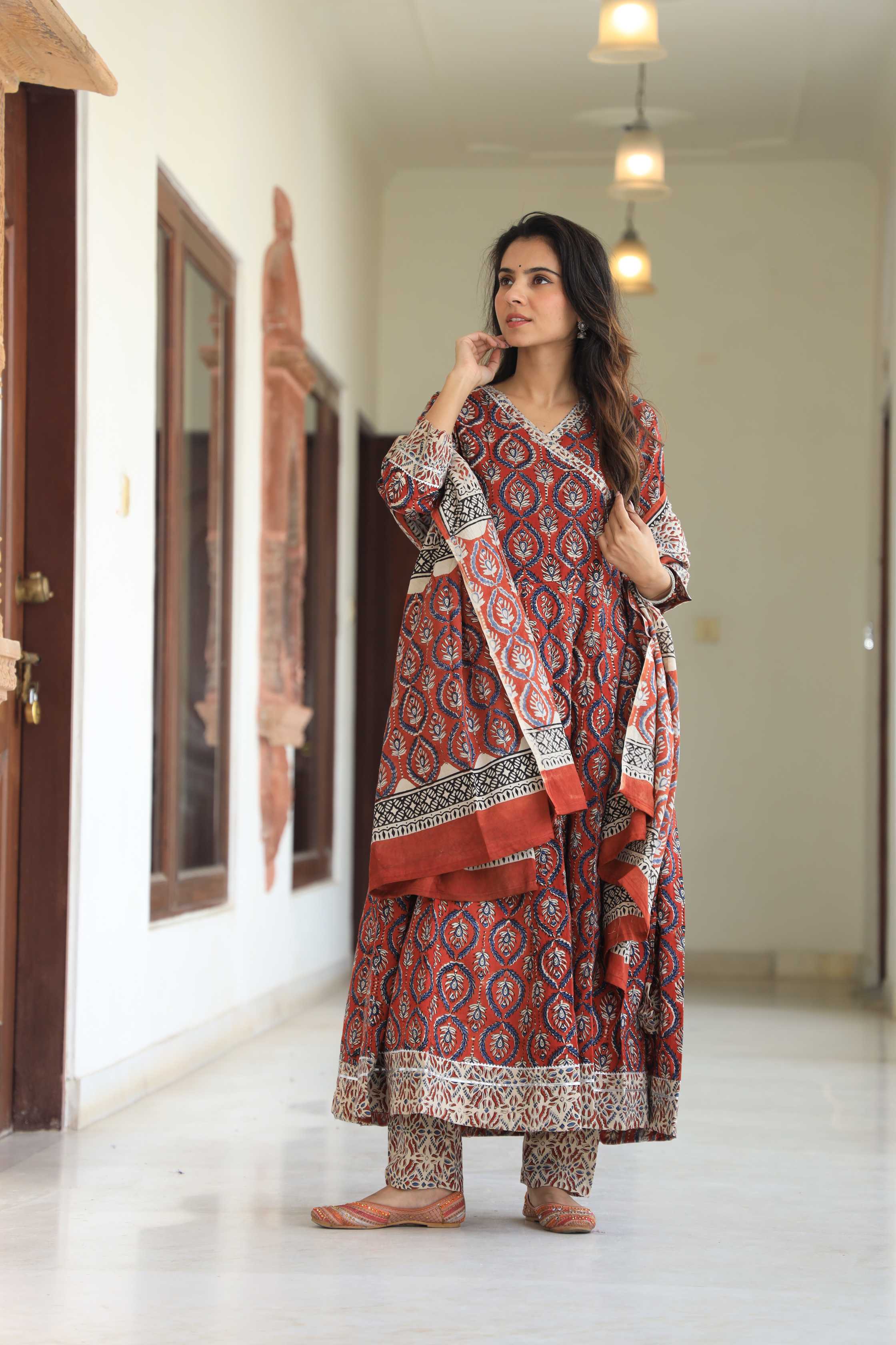 Rust Red Sanganeri Buta Print Pure Cotton V-Neck Anarkali Suit