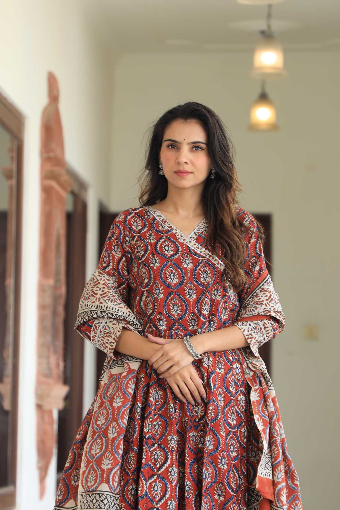 Rust Red Sanganeri Buta Print Pure Cotton V-Neck Anarkali Suit