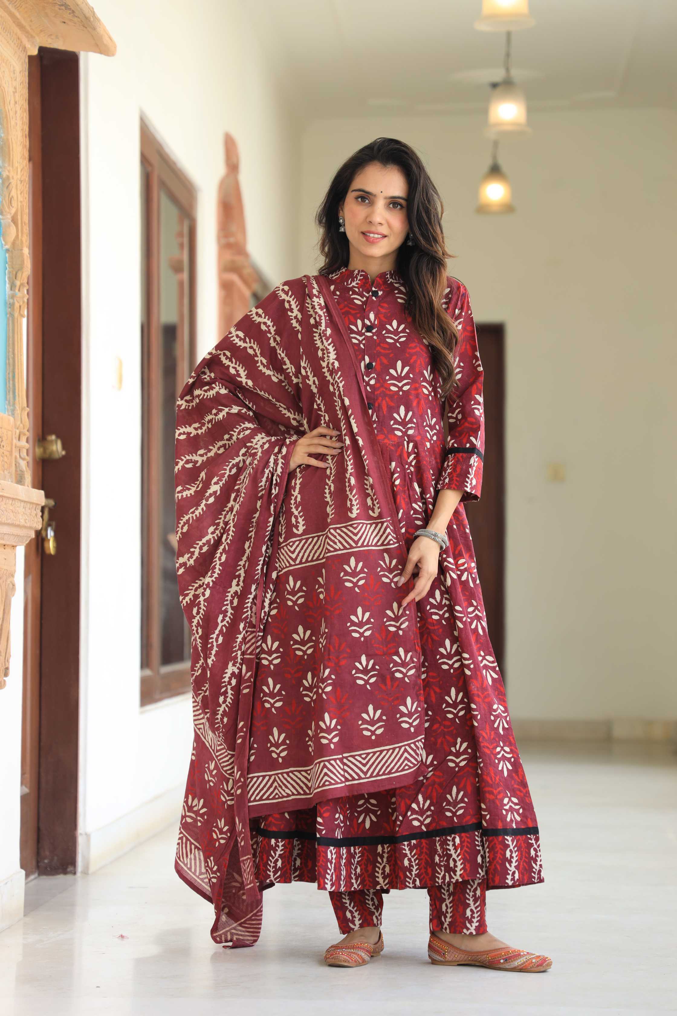 Maroon Mandala Hand-Block Pure Cotton Mandarin Collar Anarkali Suit