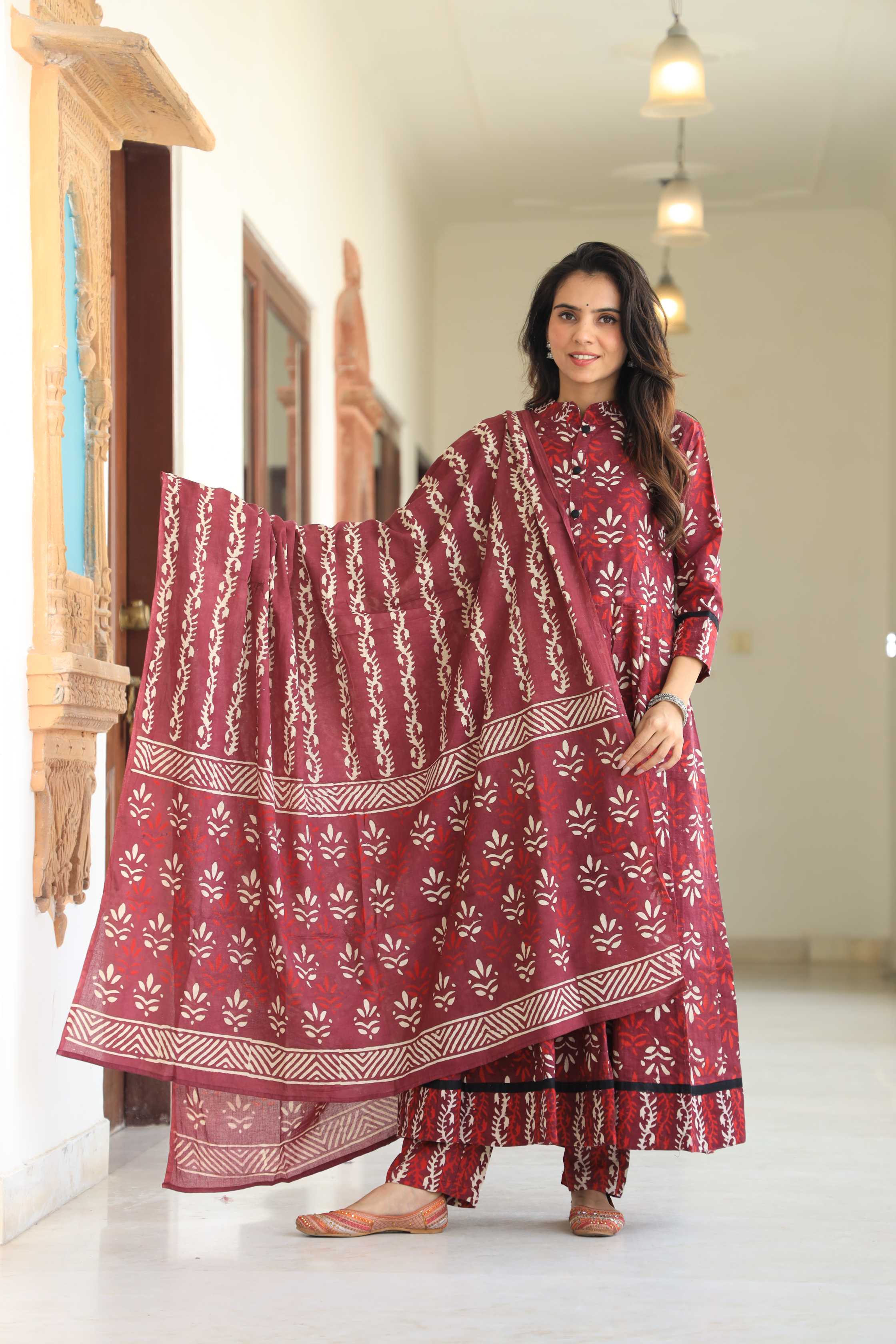 Maroon Mandala Hand-Block Pure Cotton Mandarin Collar Anarkali Suit