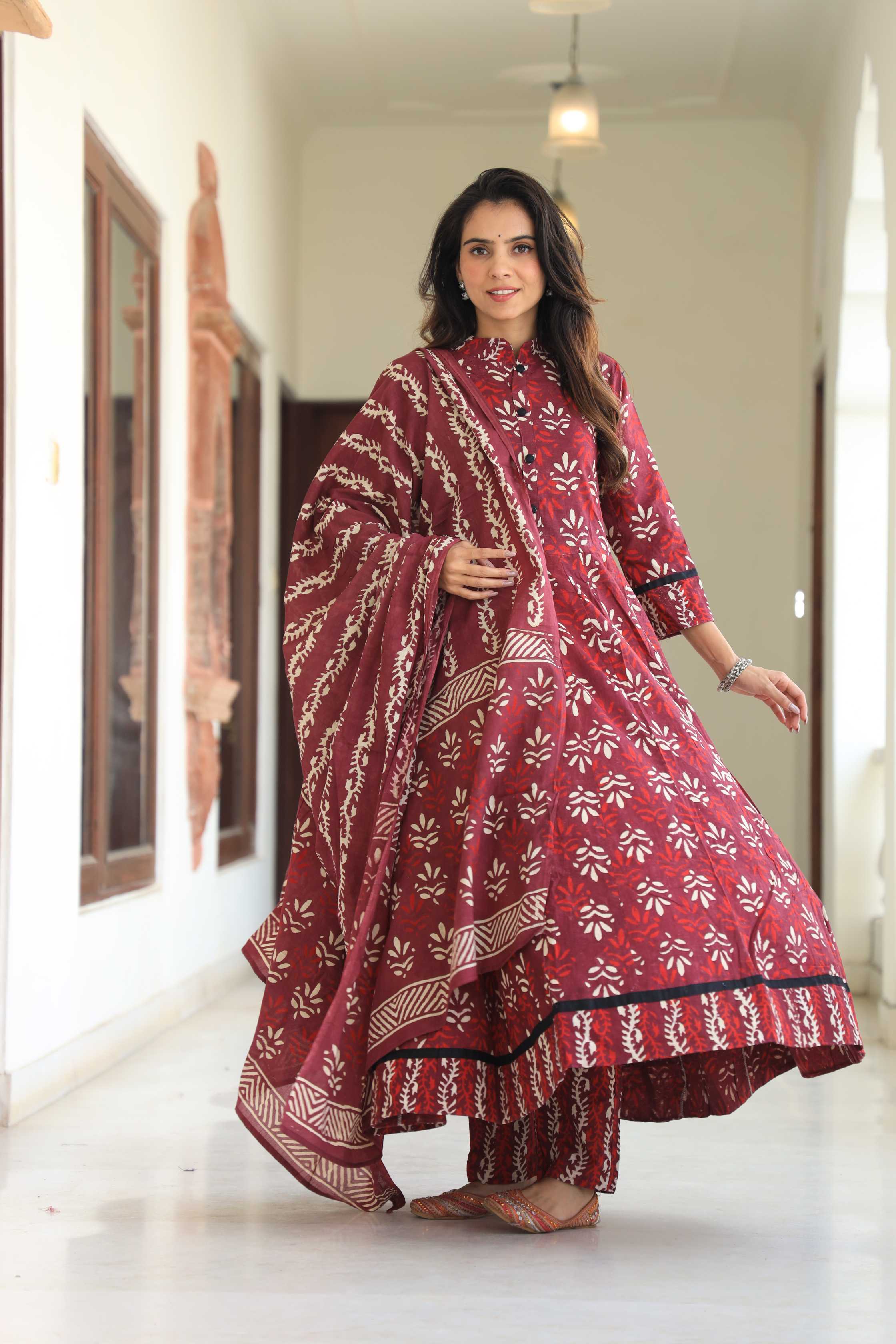 Maroon Mandala Hand-Block Pure Cotton Mandarin Collar Anarkali Suit