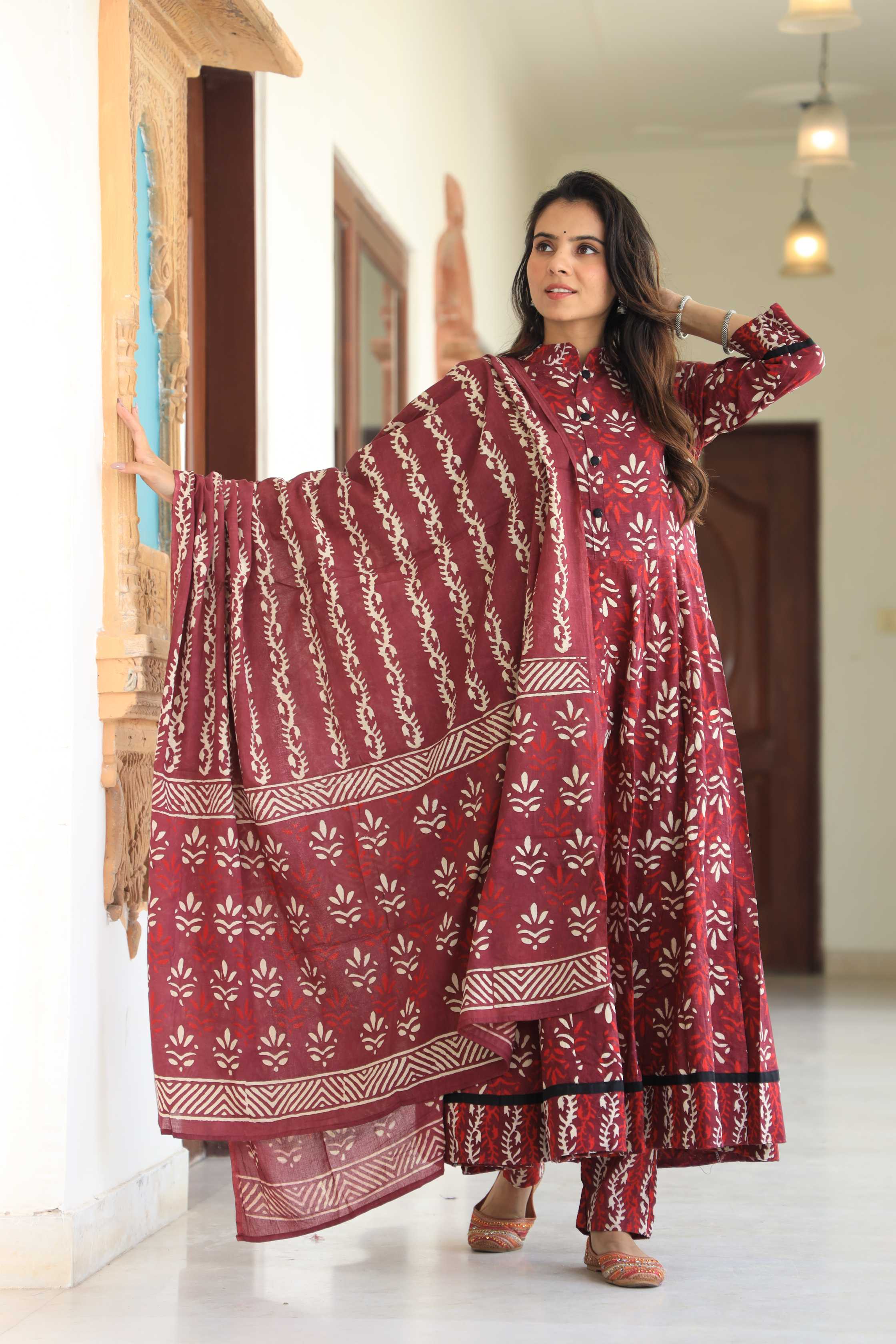 Maroon Mandala Hand-Block Pure Cotton Mandarin Collar Anarkali Suit