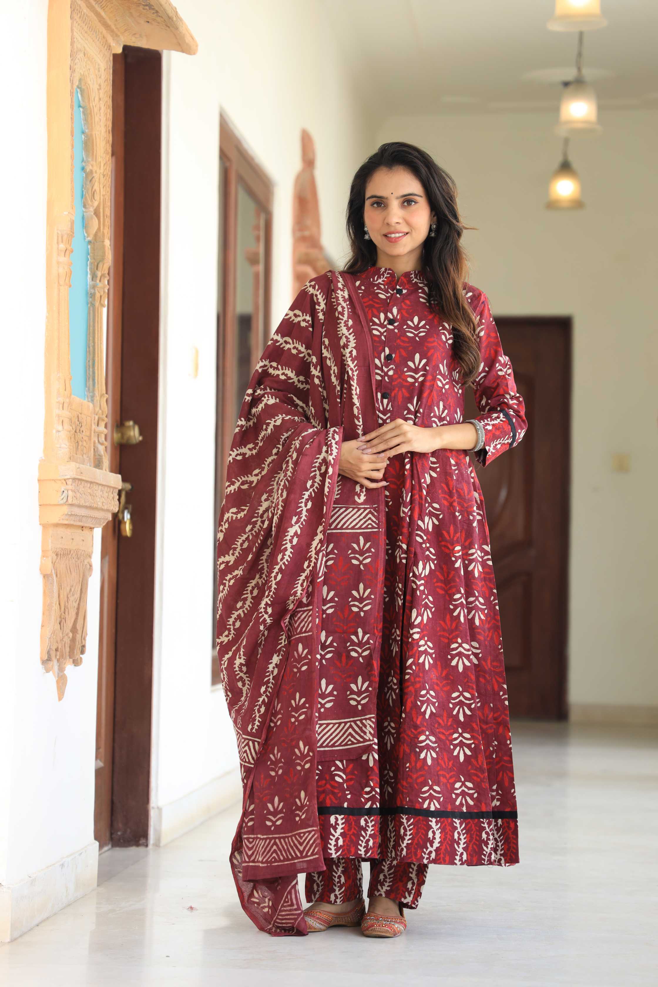 Maroon Mandala Hand-Block Pure Cotton Mandarin Collar Anarkali Suit