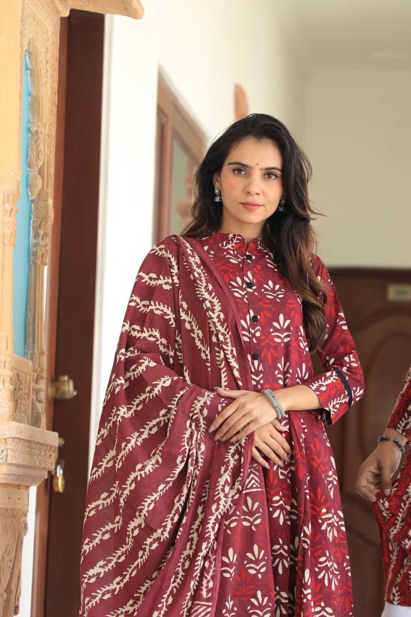 Maroon Mandala Hand-Block Pure Cotton Mandarin Collar Anarkali Suit