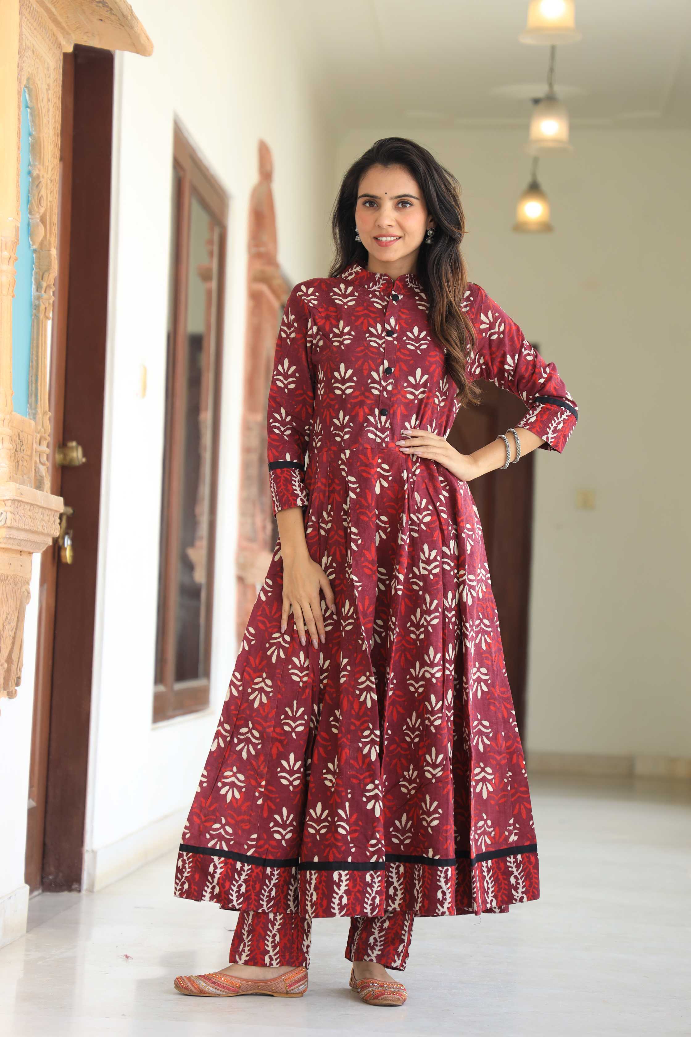 Maroon Mandala Hand-Block Pure Cotton Mandarin Collar Anarkali Suit