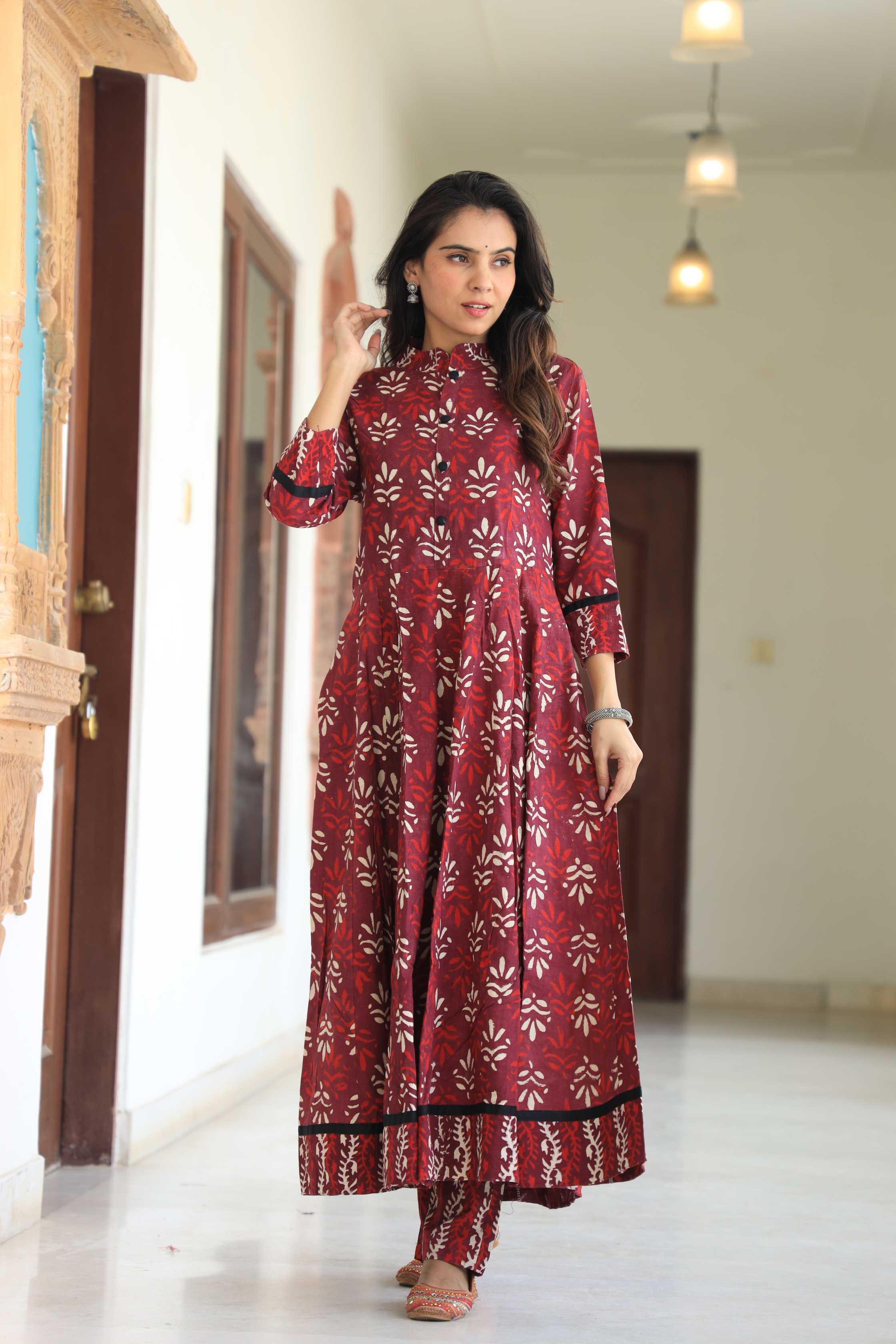 Maroon Mandala Hand-Block Pure Cotton Mandarin Collar Anarkali Suit