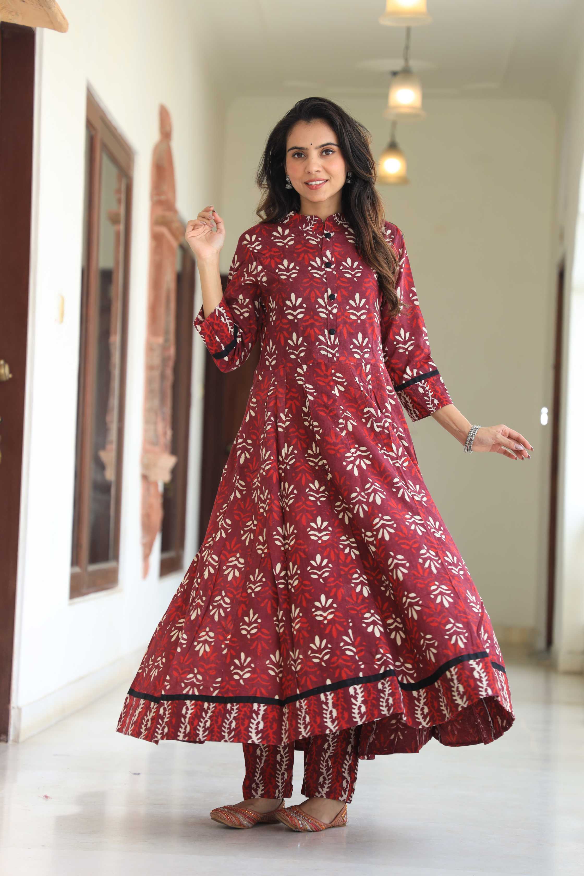 Maroon Mandala Hand-Block Pure Cotton Mandarin Collar Anarkali Suit