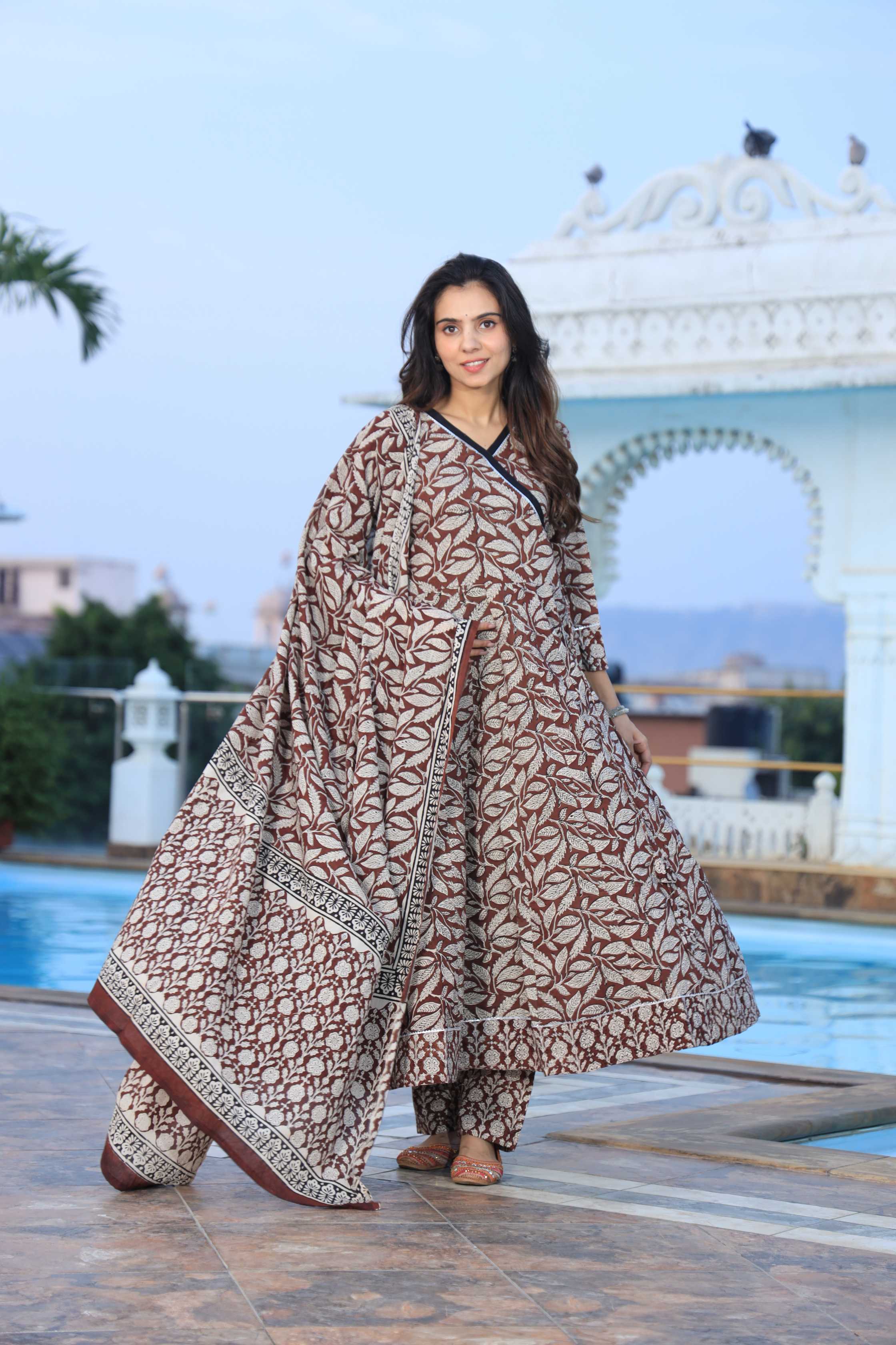 Coffee Brown Leaf Hand-Block Pure Cotton Angrakha Anarkali Suit