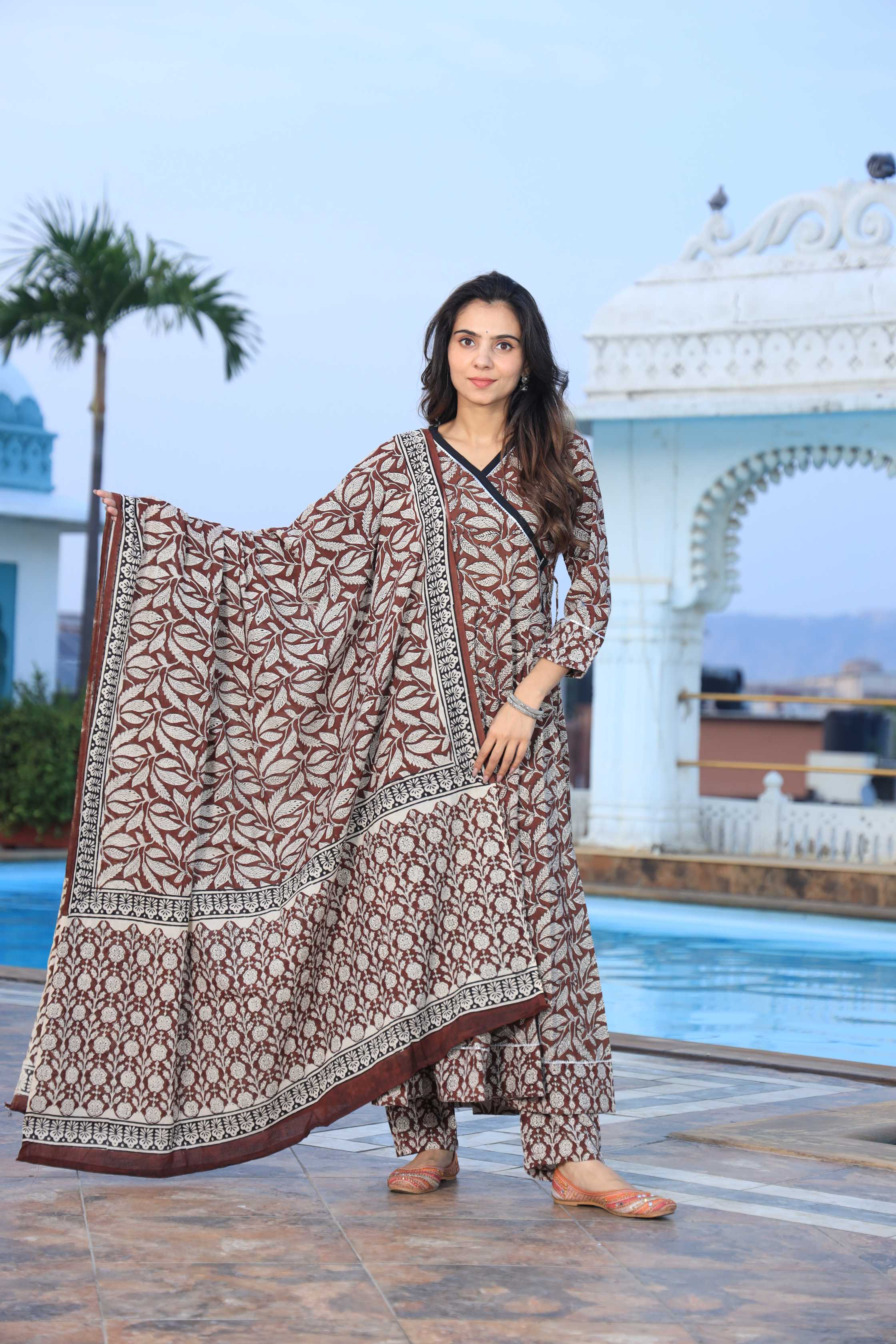 Coffee Brown Leaf Hand-Block Pure Cotton Angrakha Anarkali Suit