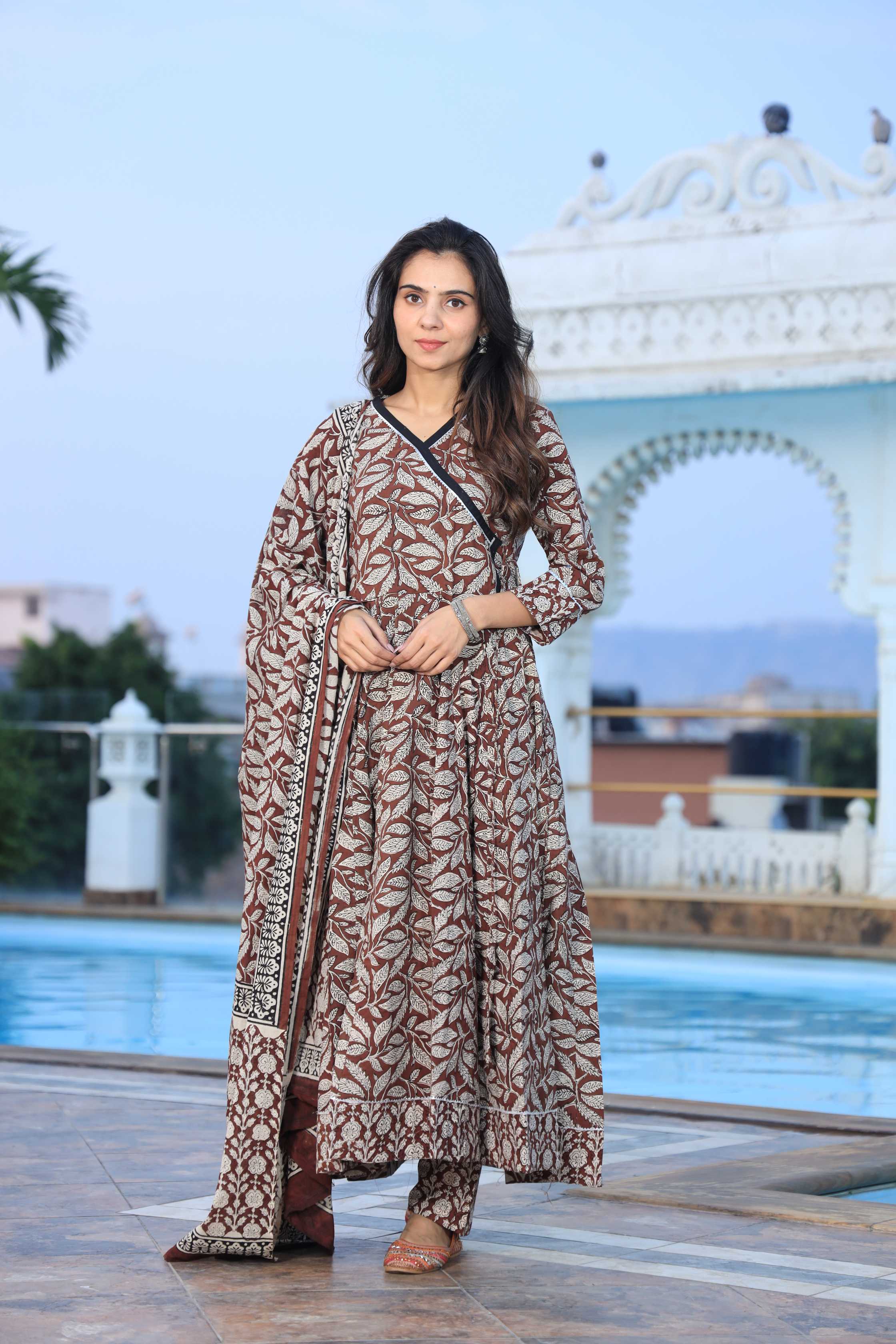 Coffee Brown Leaf Hand-Block Pure Cotton Angrakha Anarkali Suit