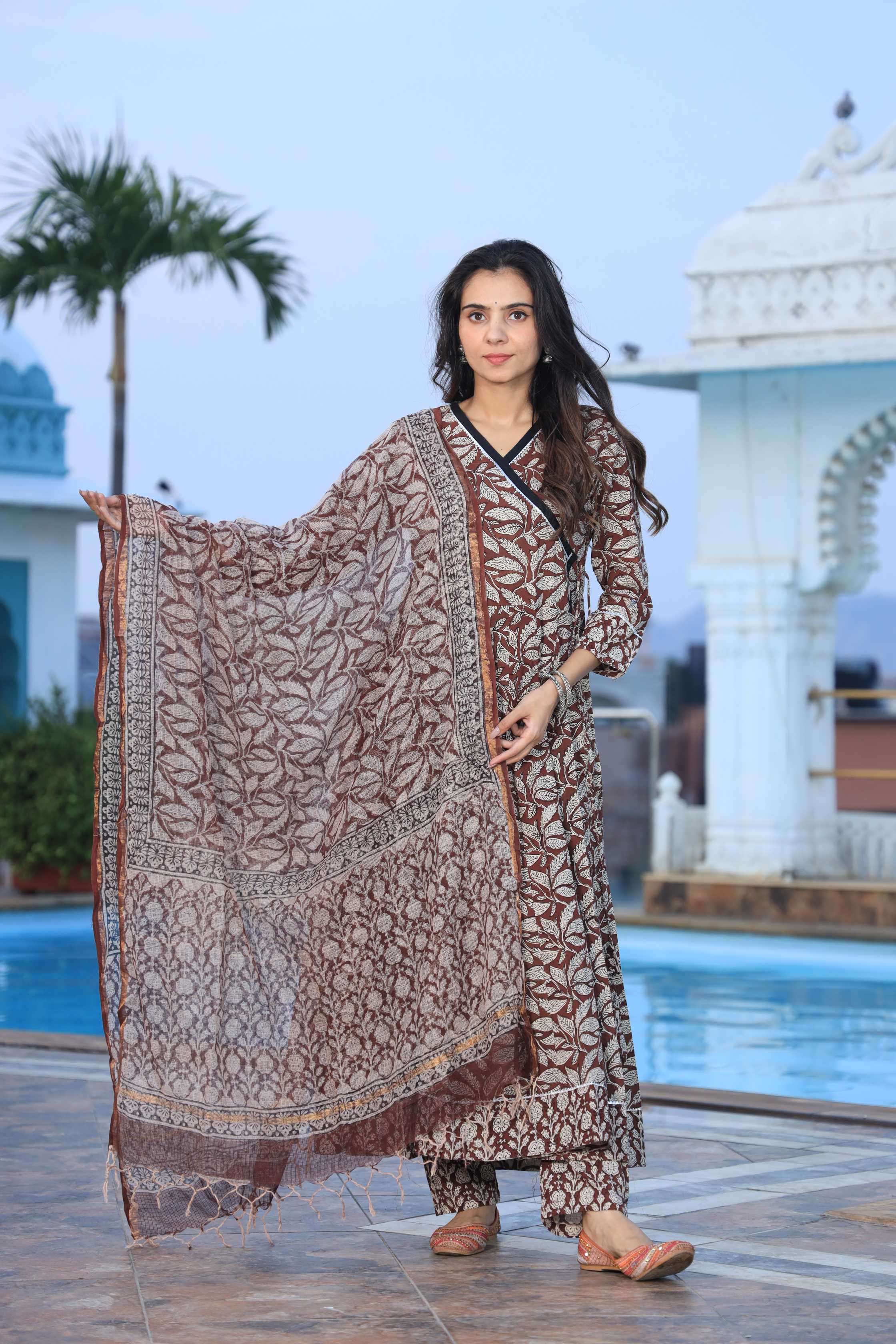 Coffee Brown Leaf Hand-Block Pure Cotton Angrakha Anarkali Suit