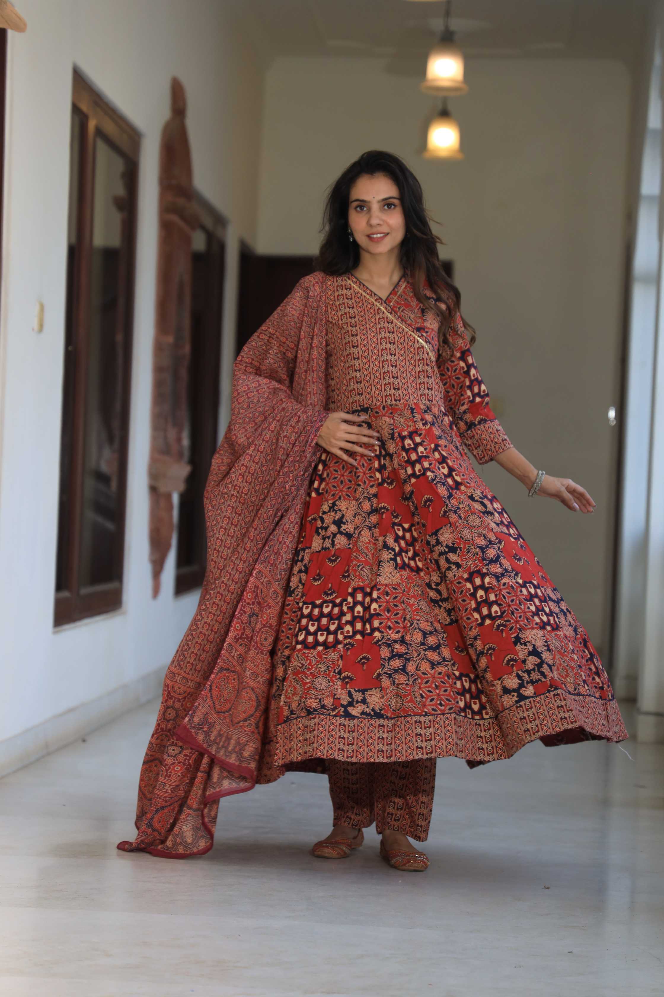 Rust Red Ajrakh Patchwork Pure Cotton Angrakha Anarkali Suit