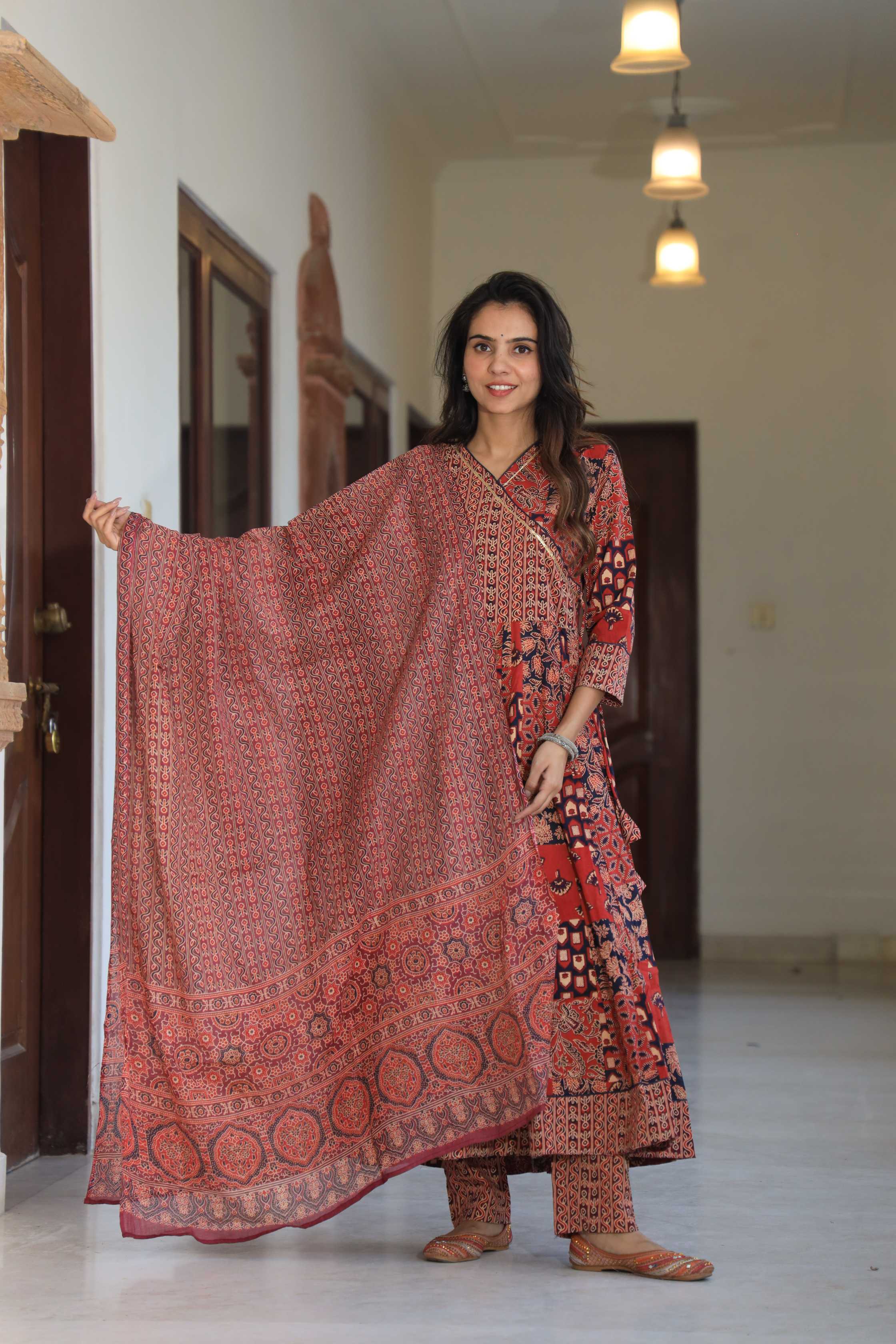 Rust Red Ajrakh Patchwork Pure Cotton Angrakha Anarkali Suit