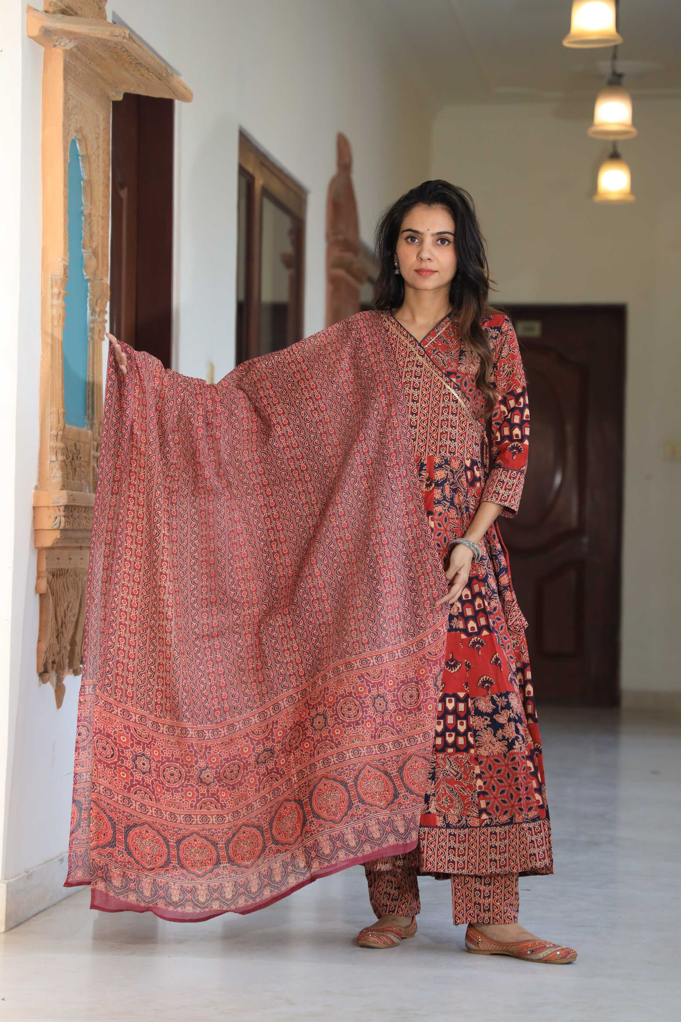 Rust Red Ajrakh Patchwork Pure Cotton Angrakha Anarkali Suit