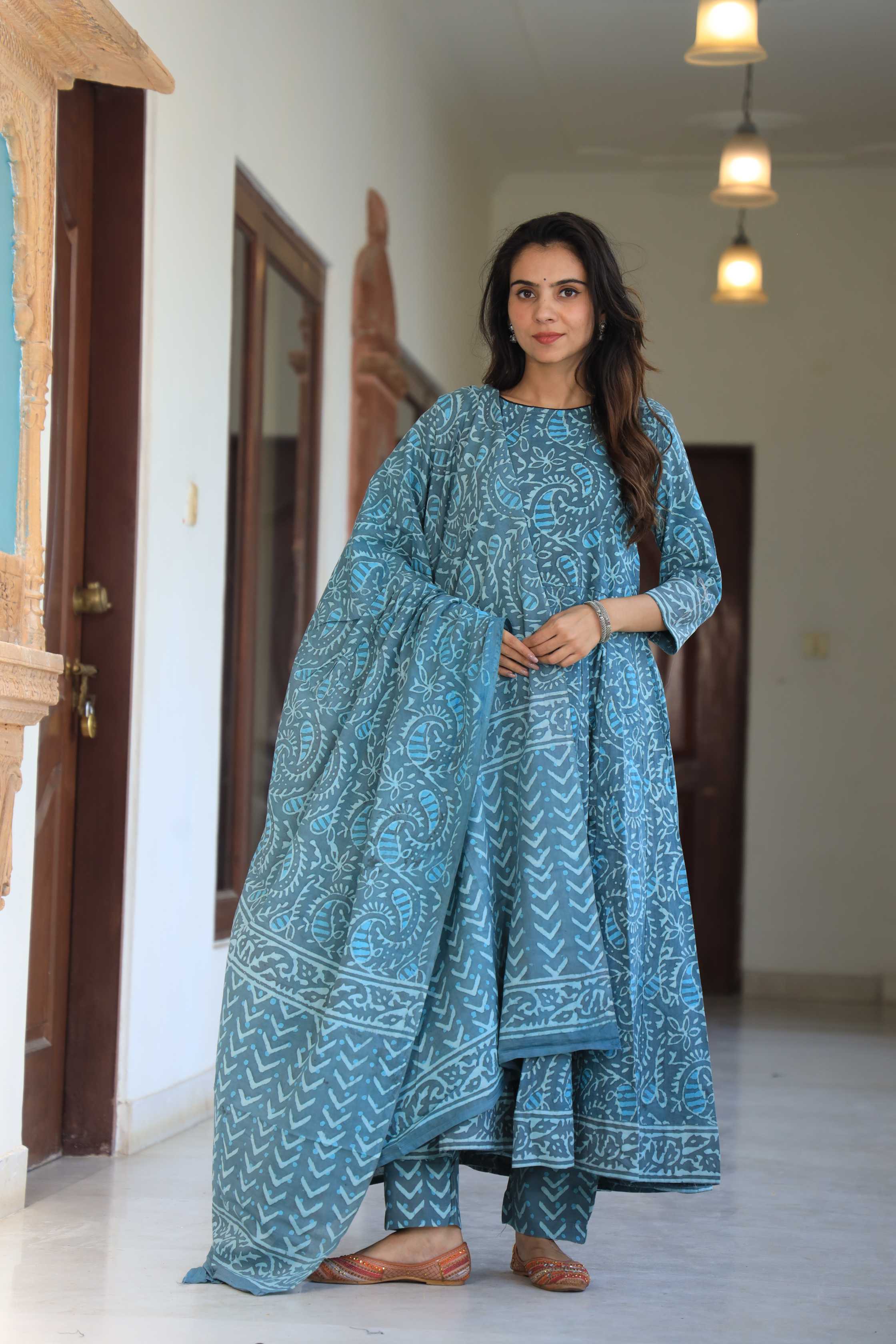 Blue Hand-Block Paisley Printed Cotton Anarkali Suit