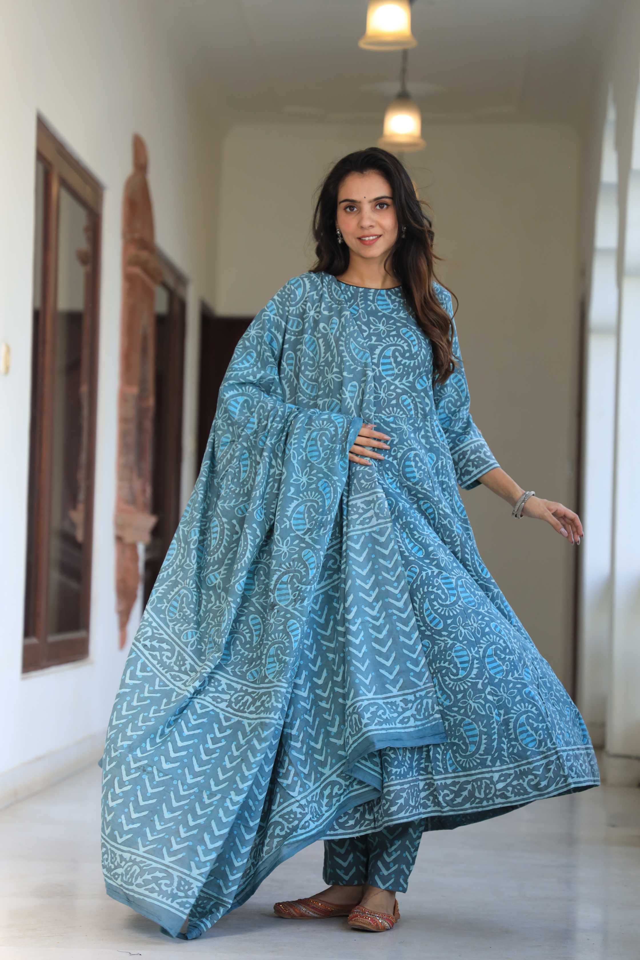 Blue Hand-Block Paisley Printed Cotton Anarkali Suit