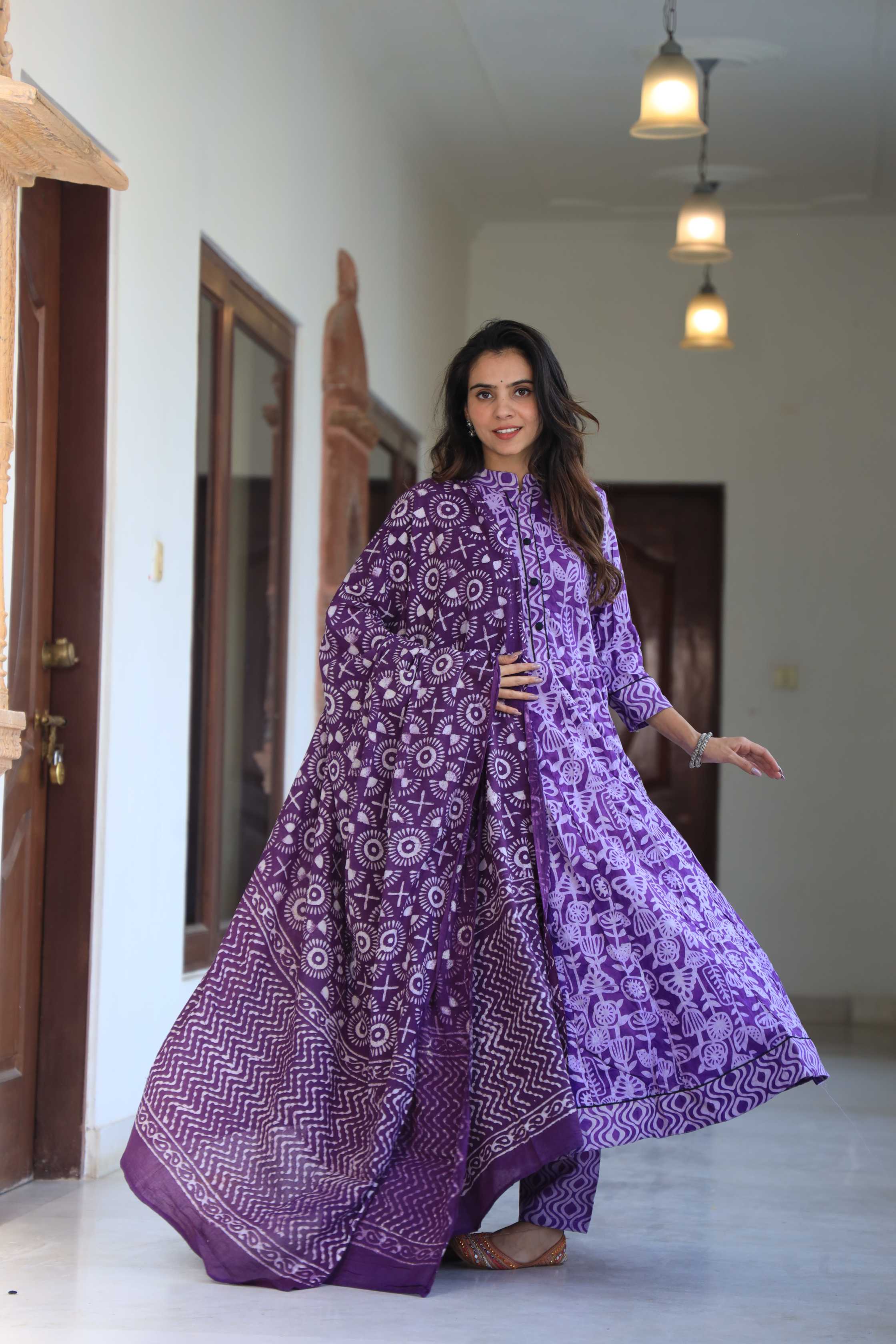 Deep Purple Batik-Style Floral Cotton Anarkali Suit