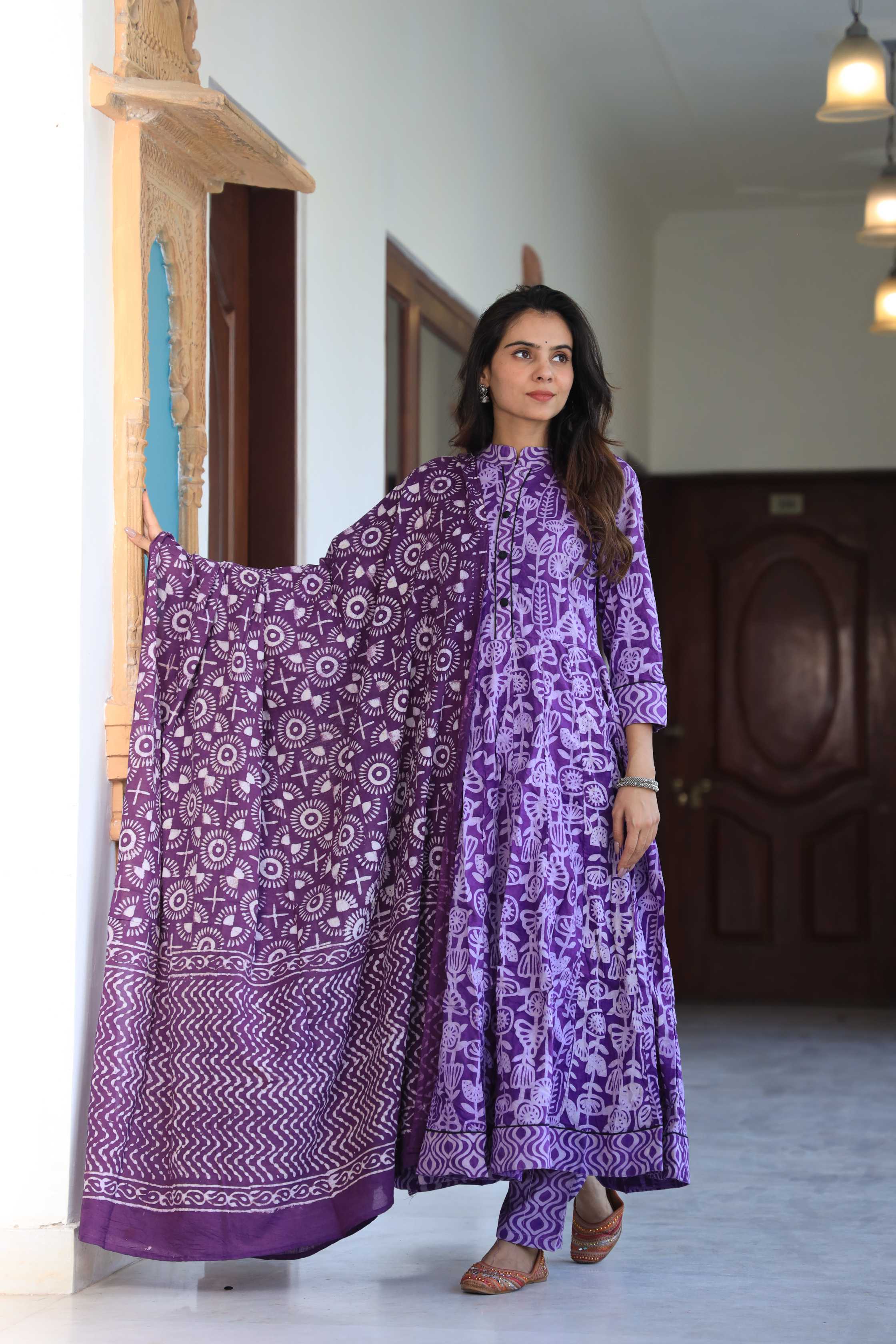 Deep Purple Batik-Style Floral Cotton Anarkali Suit