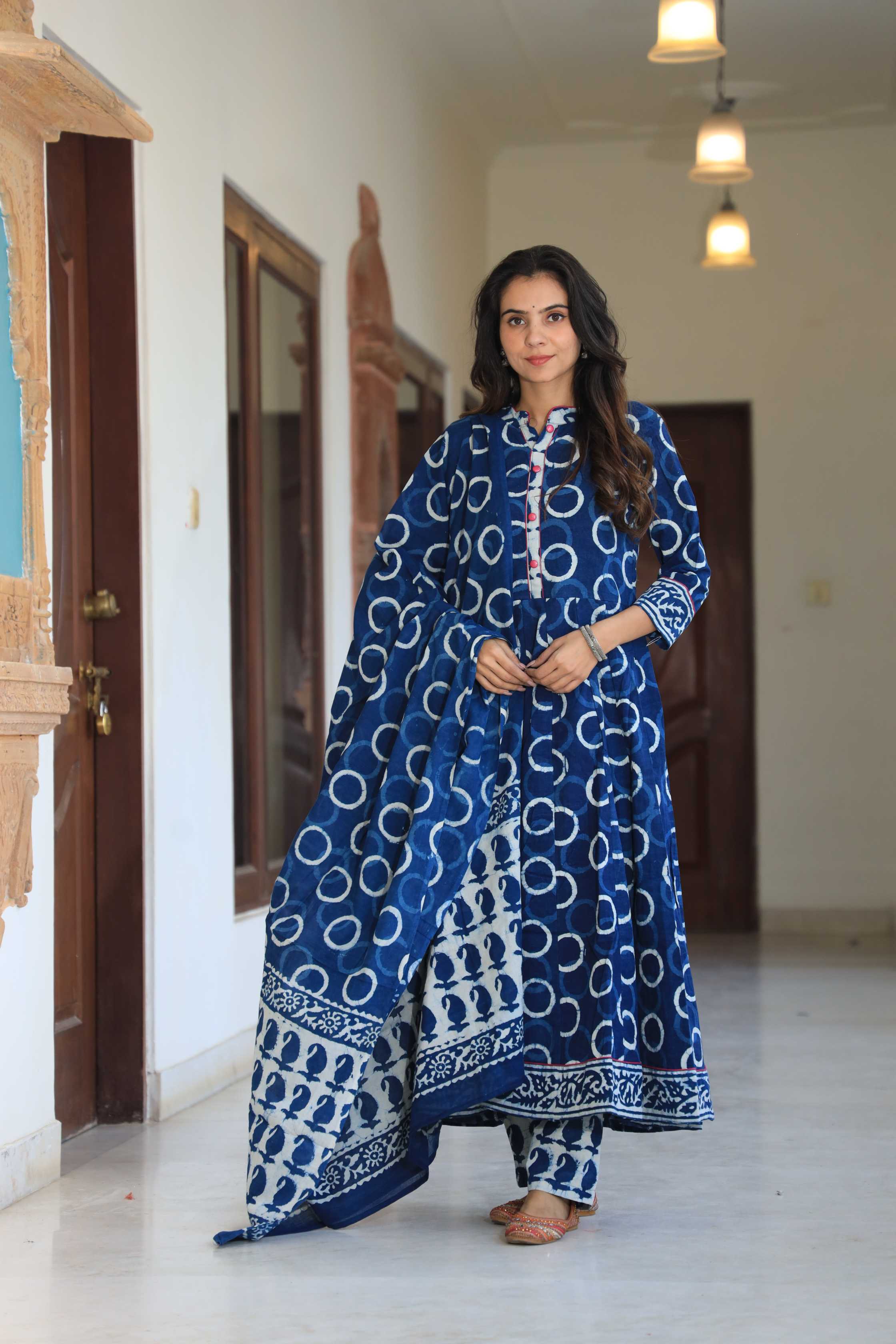 Indigo Blue Geometric Hand-Block Cotton Anarkali Suit