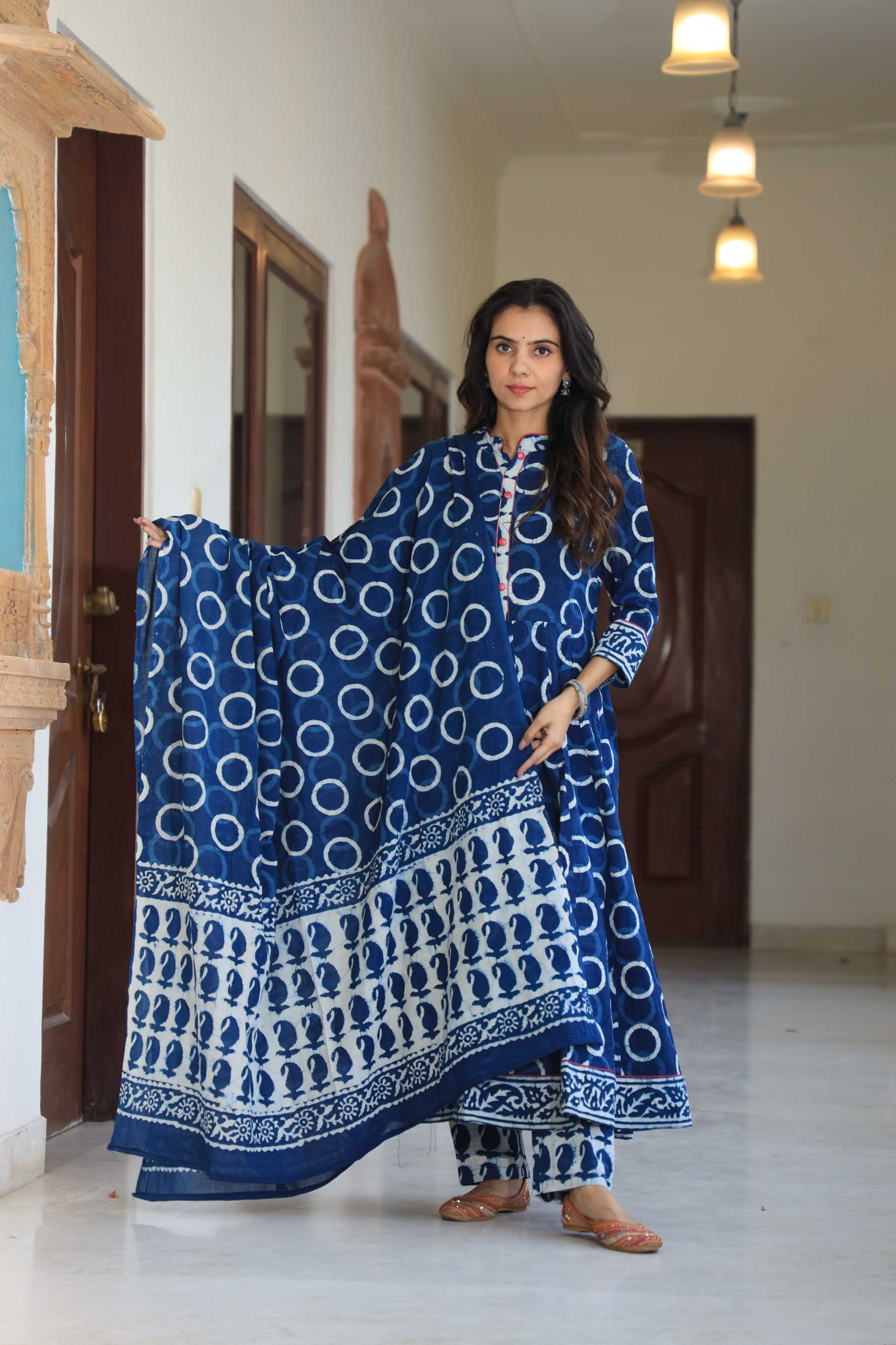 Indigo Blue Geometric Hand-Block Cotton Anarkali Suit
