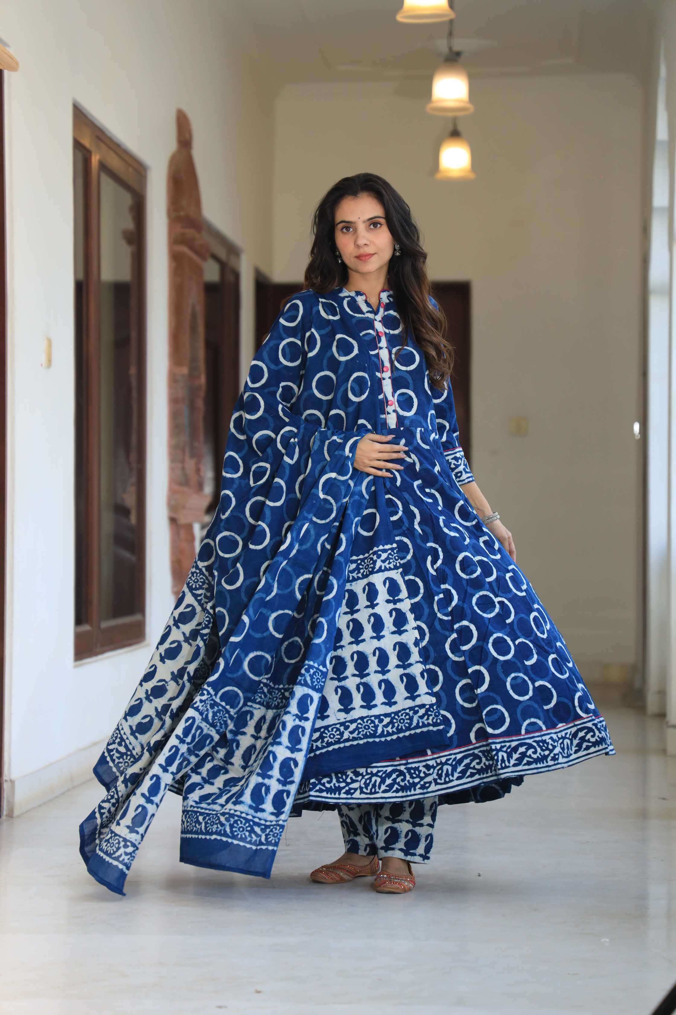 Indigo Blue Geometric Hand-Block Cotton Anarkali Suit