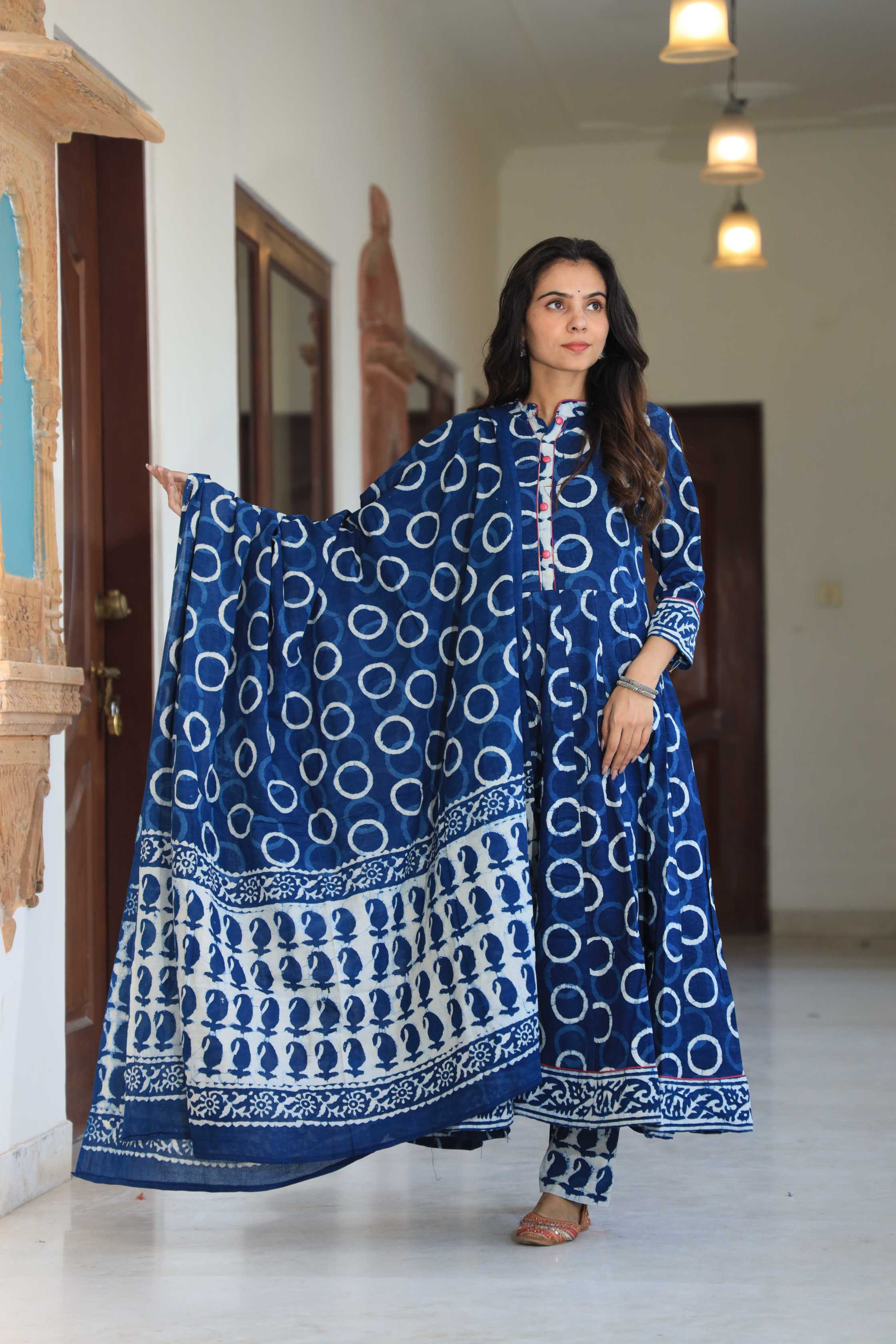 Indigo Blue Geometric Hand-Block Cotton Anarkali Suit